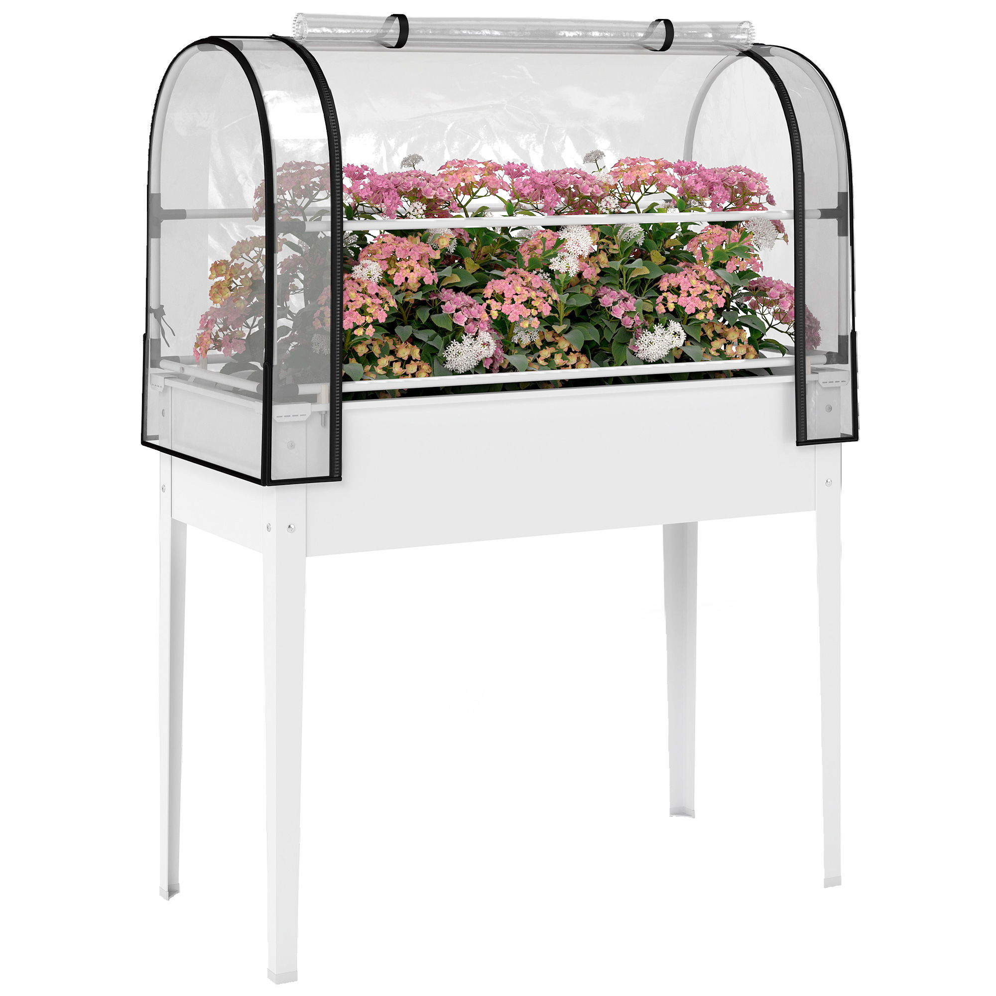 Raised Garden Bed with Flip-Up Greenhouse Cover, Metal Elevated Garden Bed with Legs and Drainage Hole, White (Drop Shipping Only, Not for Amazon)