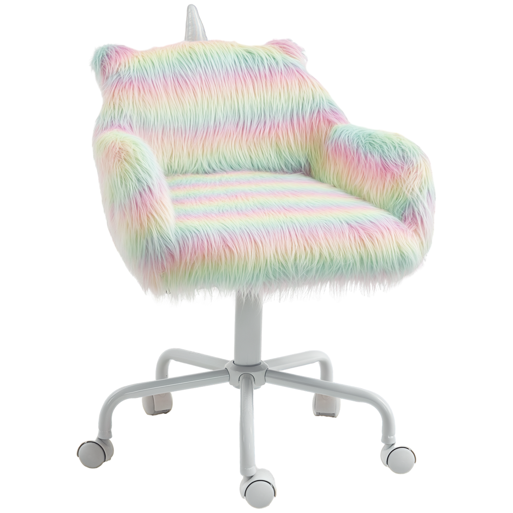 Fluffy Unicorn Office Chair with Mid-Back and Armrest Support, 5 Star Swivel Wheel White Base, Rainbow (Drop Shipping Only, Not for Amazon)