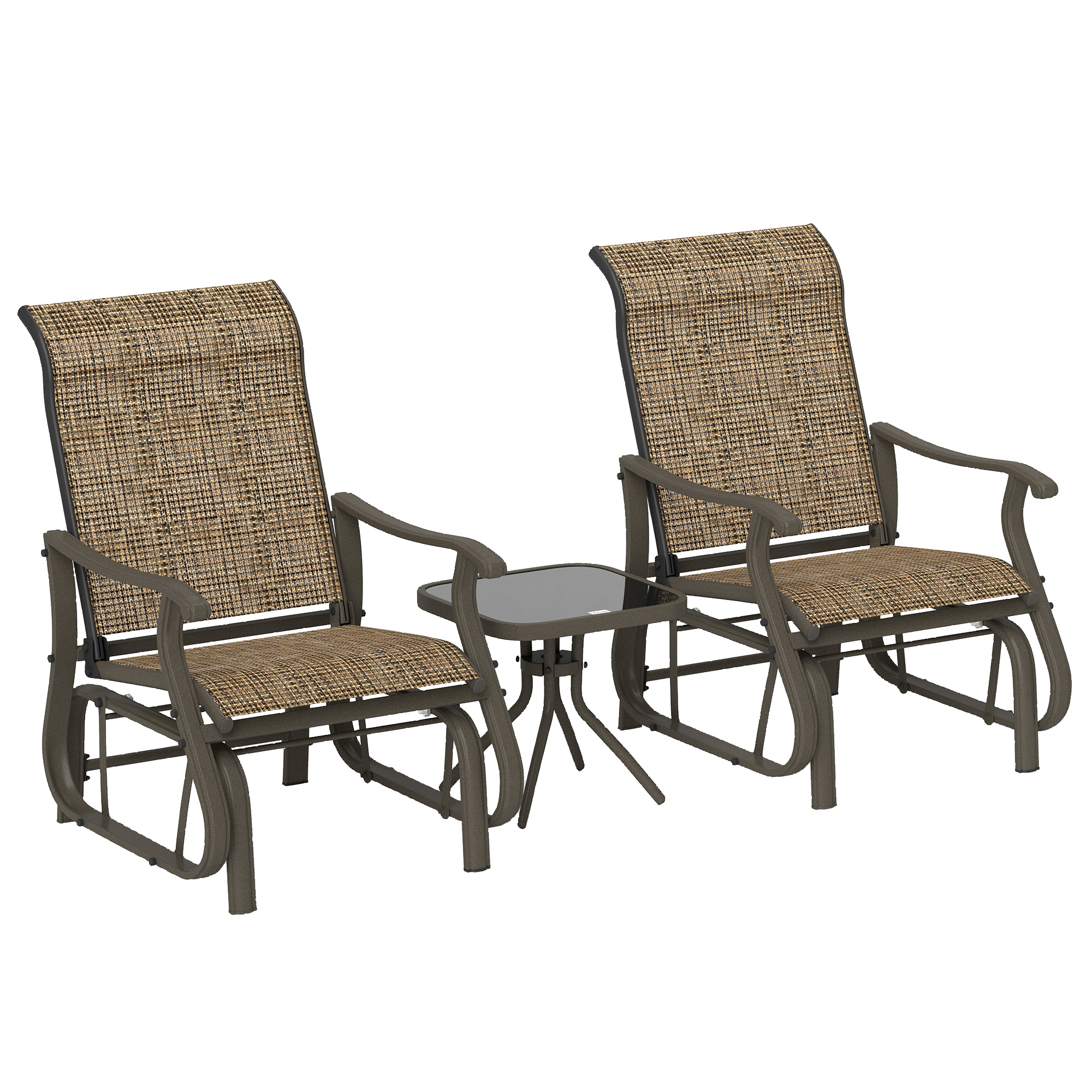 3-Piece Outdoor Gliders Set Bistro Set with Steel Frame, Tempered Glass Top Table for Patio, Garden, Light Mixed Brown (Drop Shipping Only, Not for Amazon)