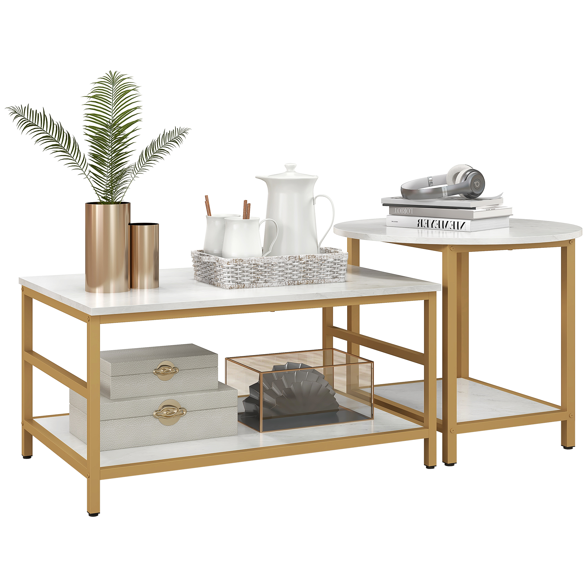 Coffee Tables Set of 2, Rectangle and Round Coffee Table with Storage Shelves, Faux Marble Top, Living Room Table Set (Drop Shipping Only, Not for Amazon)