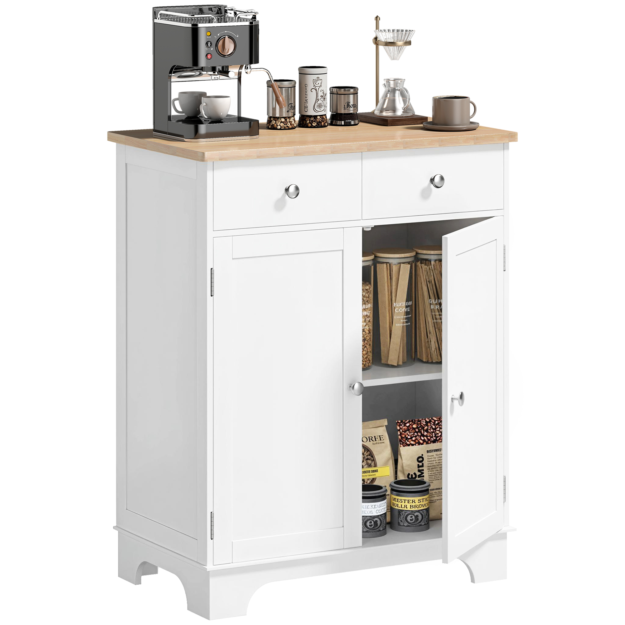 Side Storage Multi-use Sideboard Table Kitchen Floor Cabinet with Solid Wood Top, Adjustable Shelf, Drawer, White (Drop Shipping Only, Not for Amazon)