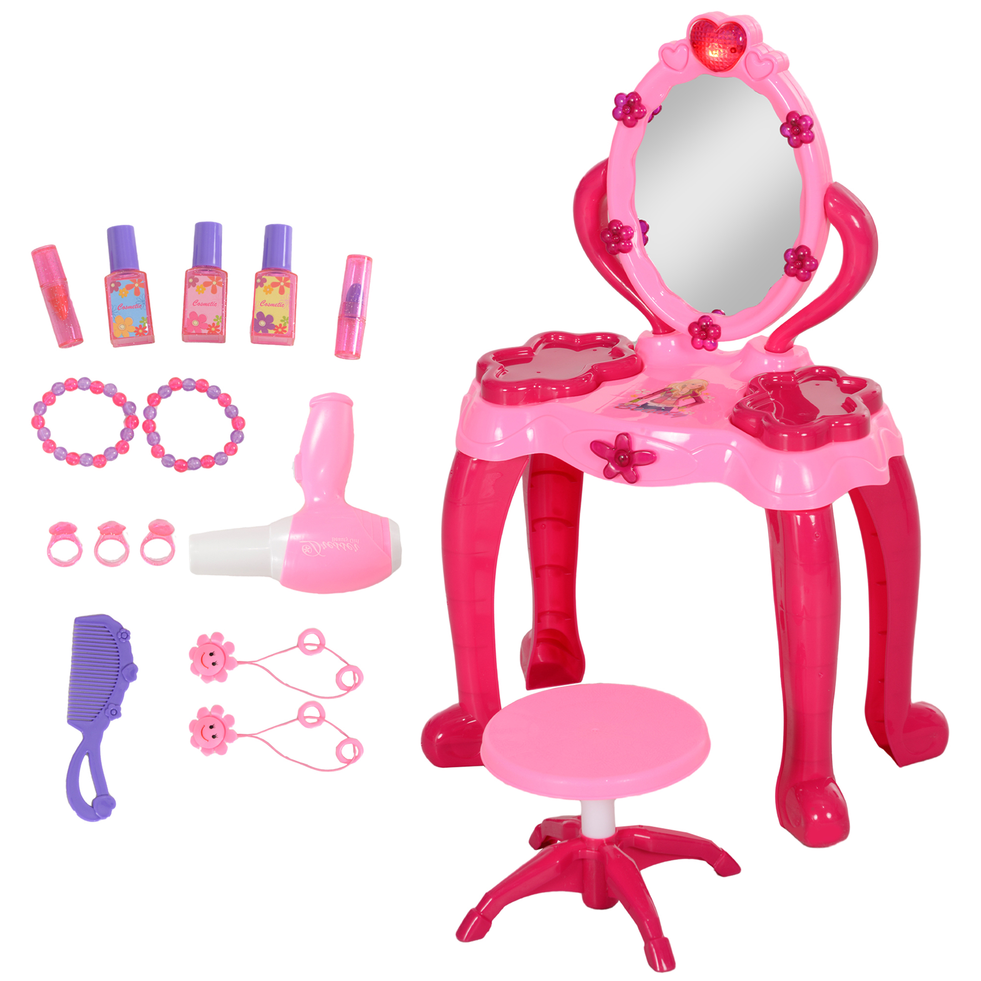Kids Dressing Table with mirror, Stool, Light, Music, 15 Accessories, for Ages 3-6 Years, Pink (Drop Shipping Only, Not for Amazon)