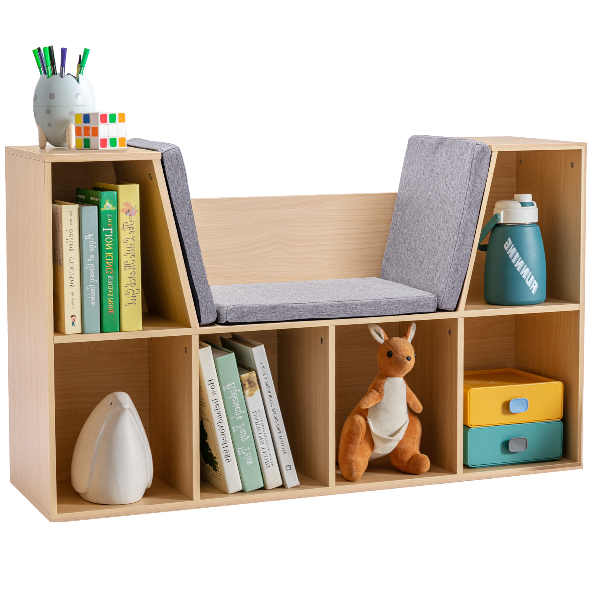 6-Cubby Kids Bookcase with Reading Nook and Cushion, Multi-Purpose Storage Organizer for Bedroom, Living Room, Natural (Drop Shipping Only, Not for Amazon)