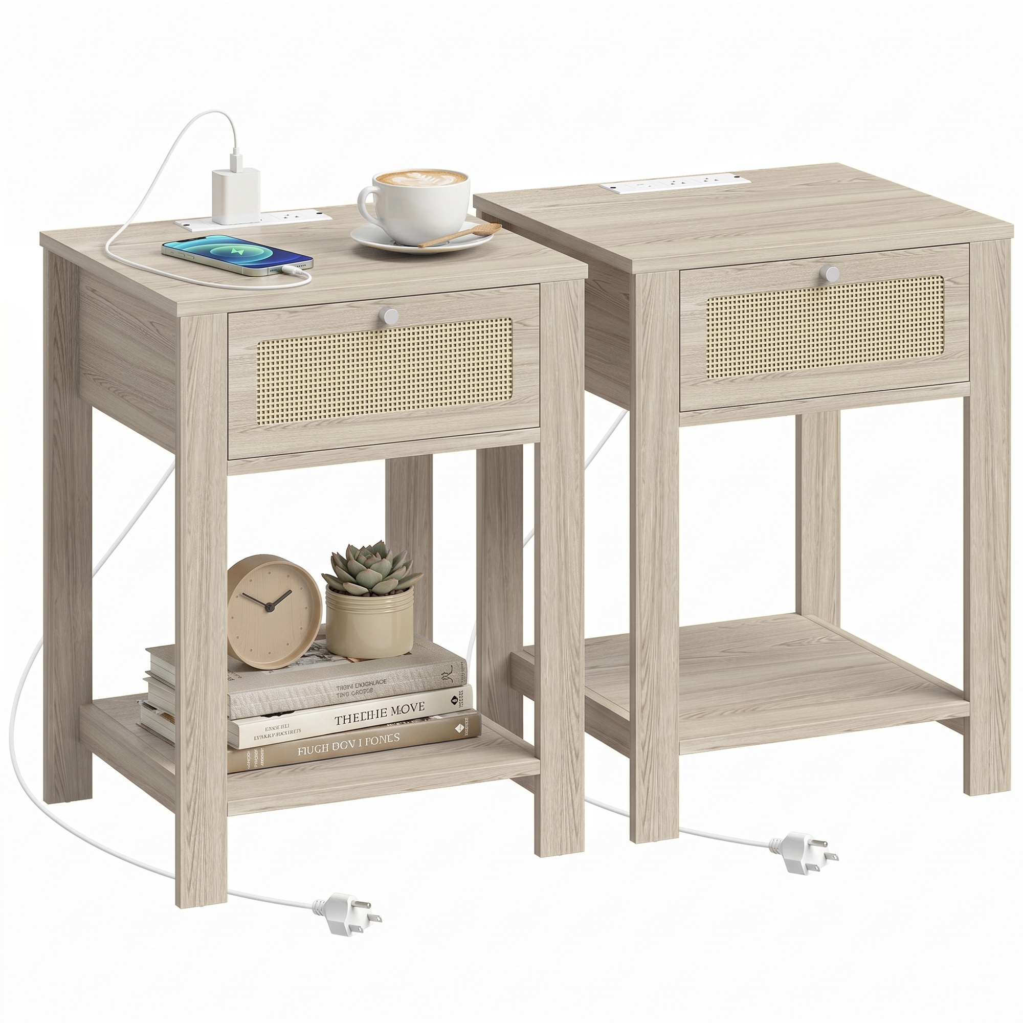 End Table Set of 2 with Charging Station, Bed Side Tables Set with Drawer, Storage Shelf for Living Room, Natural Wood (Drop Shipping Only, Not for Amazon)