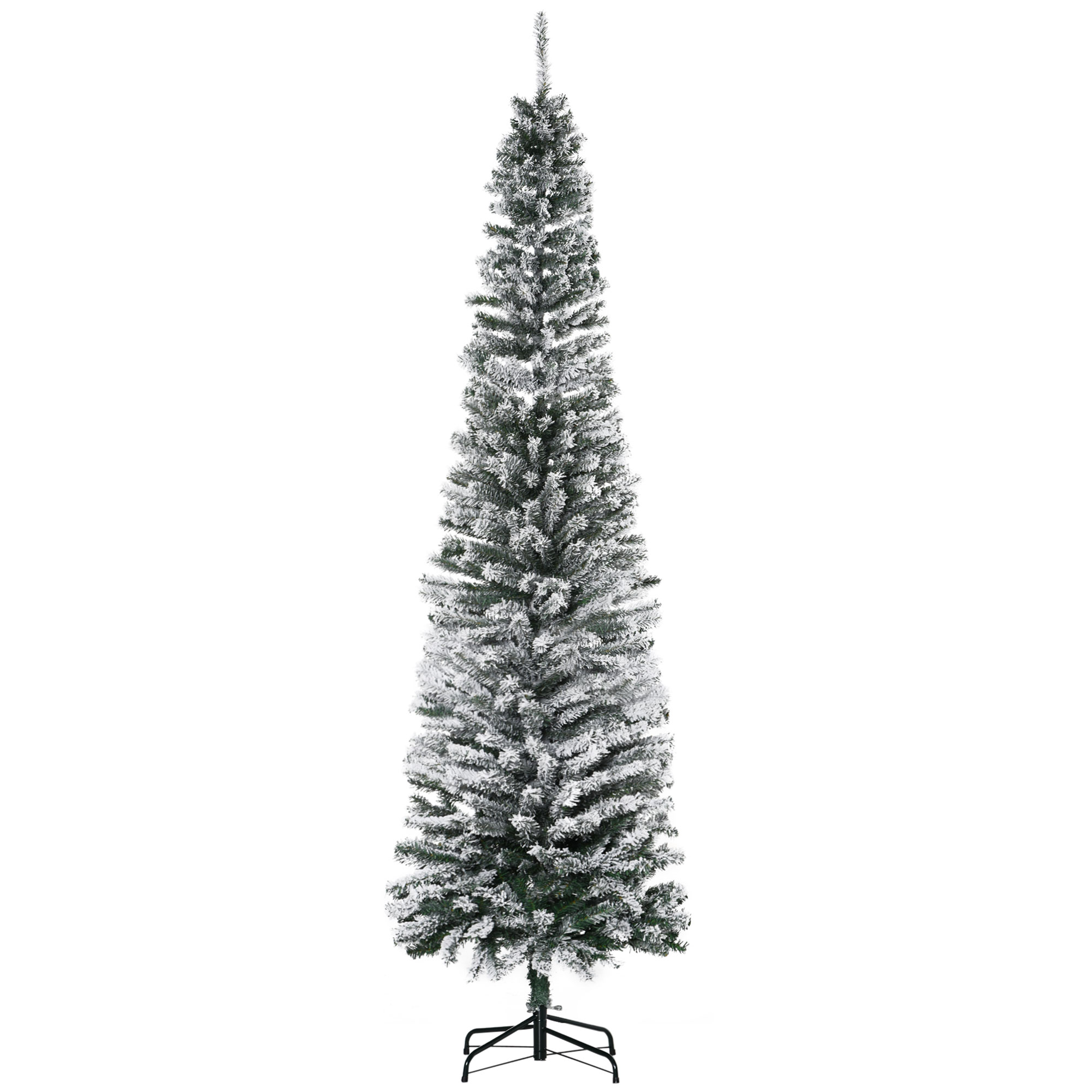 7.5ft Flocked Christmas Tree, Pencil Artificial Xmas Tree with Faux Snow, Dense Branches, Foldable Metal Base for Indoor Holiday Decor (Drop Shipping Only, Not for Amazon)