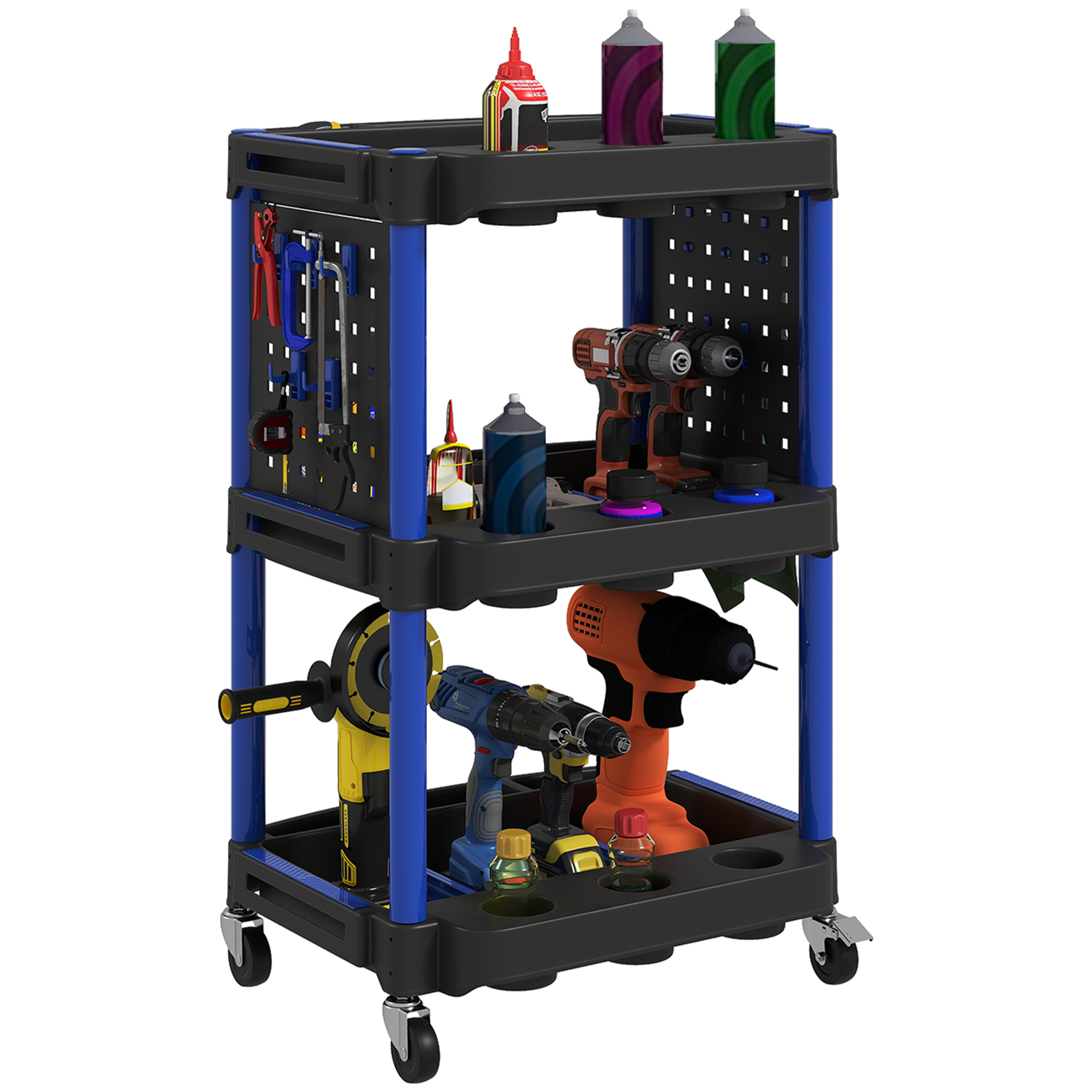 3-Tier Rolling Tool Cart, 200 LBS Capacity Plastic Utility Cart with Side Shelves for Garage Workshop, Black & Dark Blue (Drop Shipping Only, Not for Amazon)