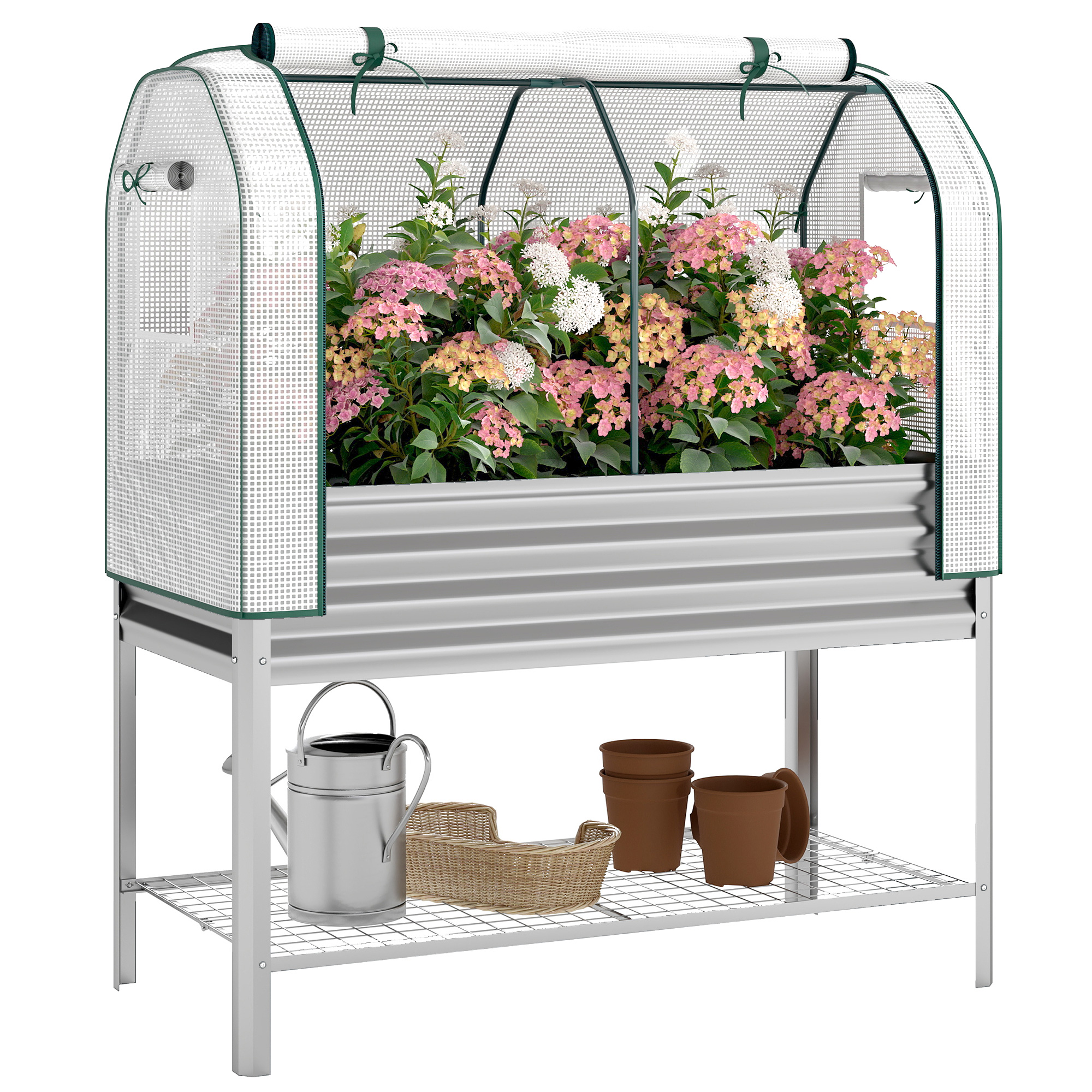 Galvanised Raised Garden Bed with Greenhouse Cover, Metal Elevated Garden Bed with Bed Liner, Bottom Shelf, Silver (Drop Shipping Only, Not for Amazon)