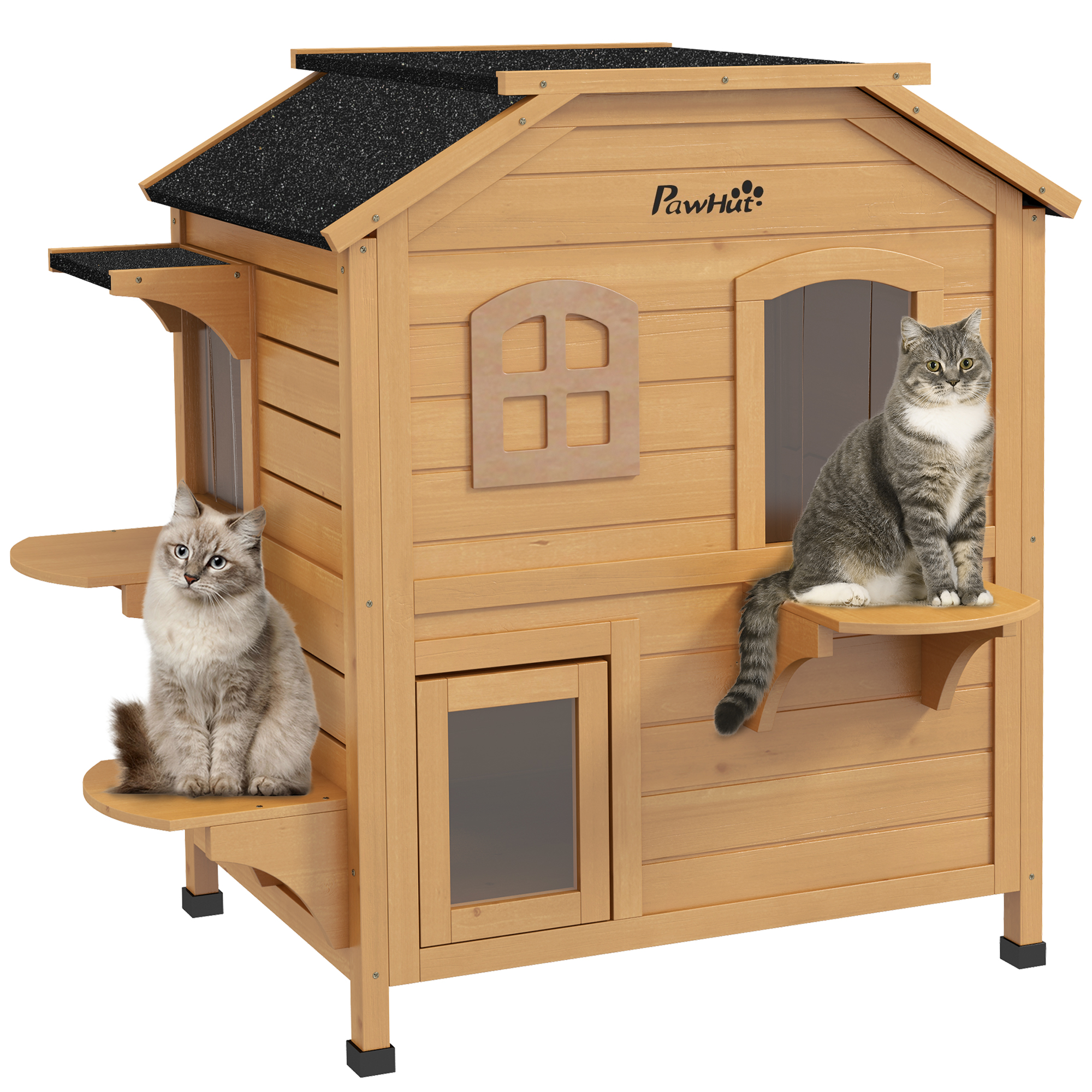 2-story Cat House Outdoor, Weatherproof Wooden Cat Enclosure for Feral Cats with Escape Door, Openable Roof, Jumping Platforms, Natural (Drop Shipping Only, Not for Amazon)