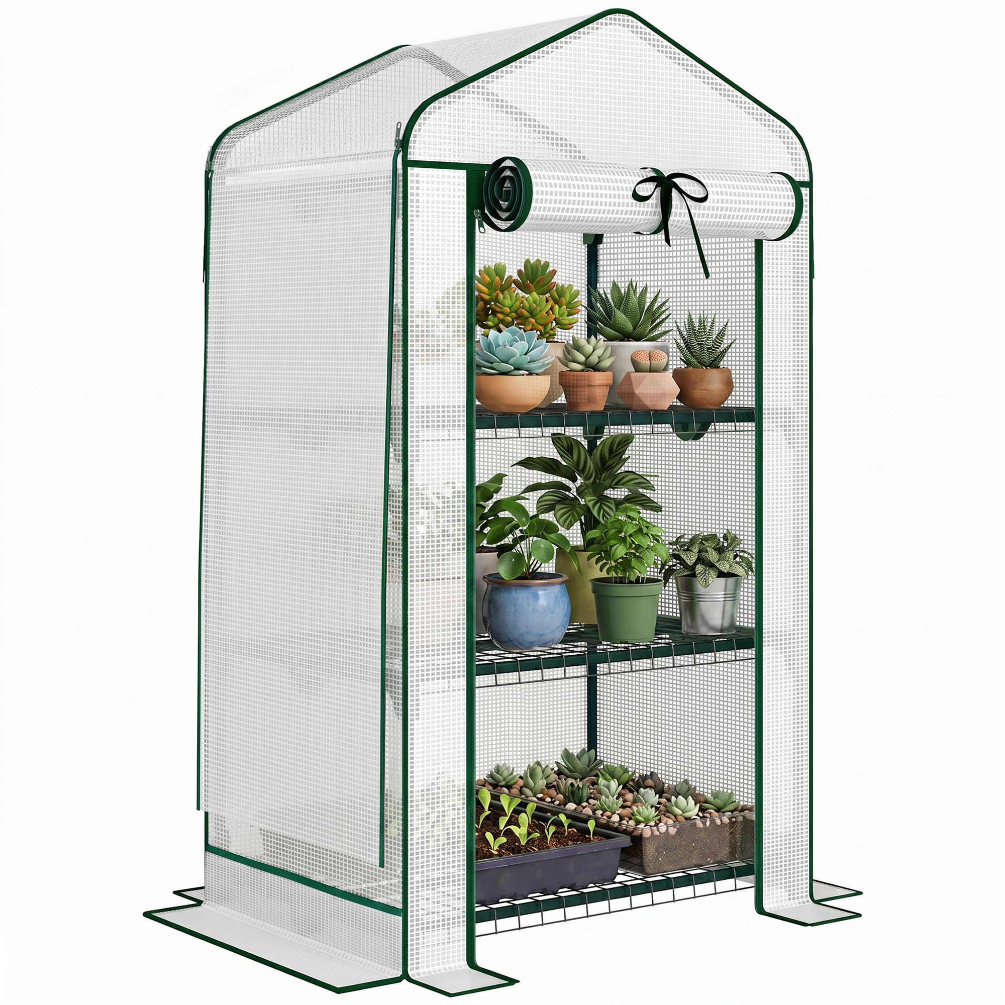 Mini Greenhouse with Screen Roof, Portable Small Greenhouse with Roll-Up Zipper Door, 27.6