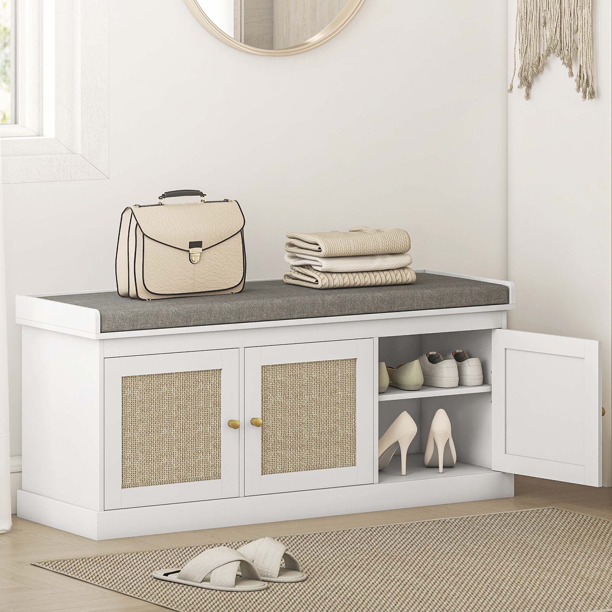 Shoe Storage Bench with Woven Rattan Doors, Shoe Bench with Cushion, Adjustable Shelves, Entryway Bench, White (Drop Shipping Only, Not for Amazon)