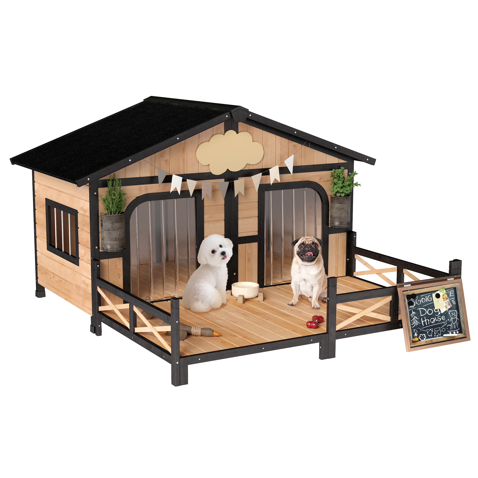 Dog House Outdoor, Wooden Dog Kennel Weatherproof with Porch, Openable Roof, Removable Bottom, Elevated Floor, Double Room for 2 Small to Medium Breeds, Natural (Drop Shipping Only, Not for Amazon)
