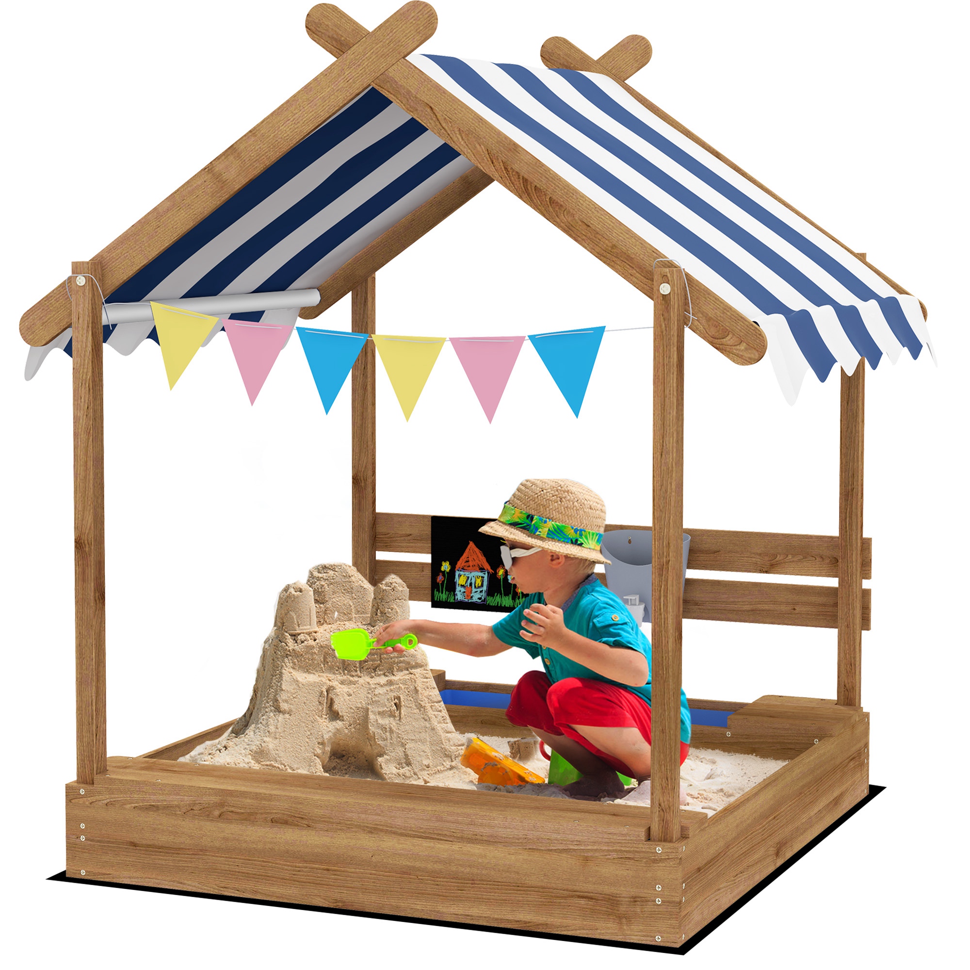 House-Designed Wooden Sandbox, Outdoor Sandpit, with Blackboard, Toys, Sink, Seats, Flags, for Ages 3-7 Years - Brown (Drop Shipping Only, Not for Amazon)