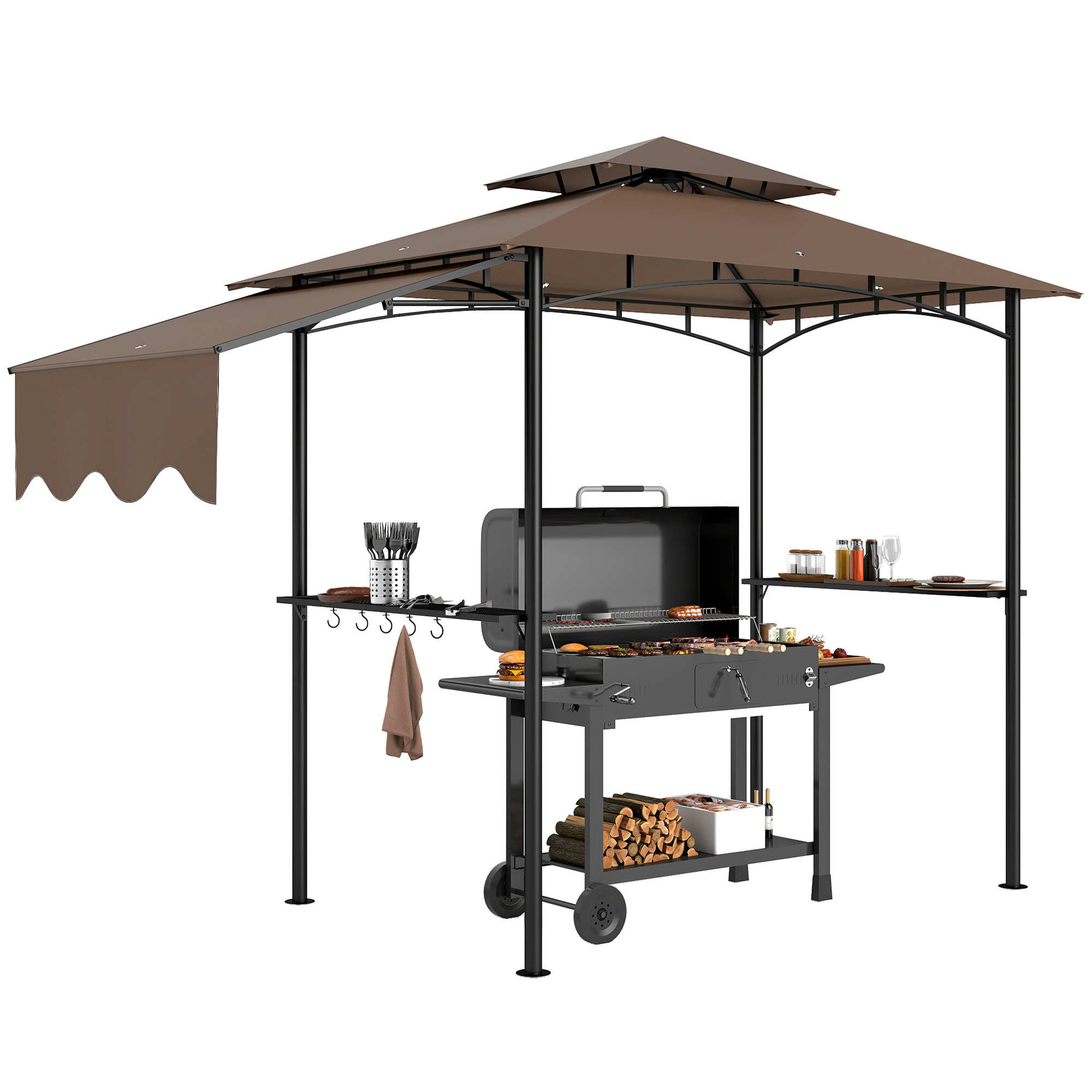 8' x 5' Outdoor Grill Gazebo, Barbecue Gazebo Shelter with Side Awning, 2 Side Shelves and 6 Hooks, Brown (Drop Shipping Only, Not for Amazon)