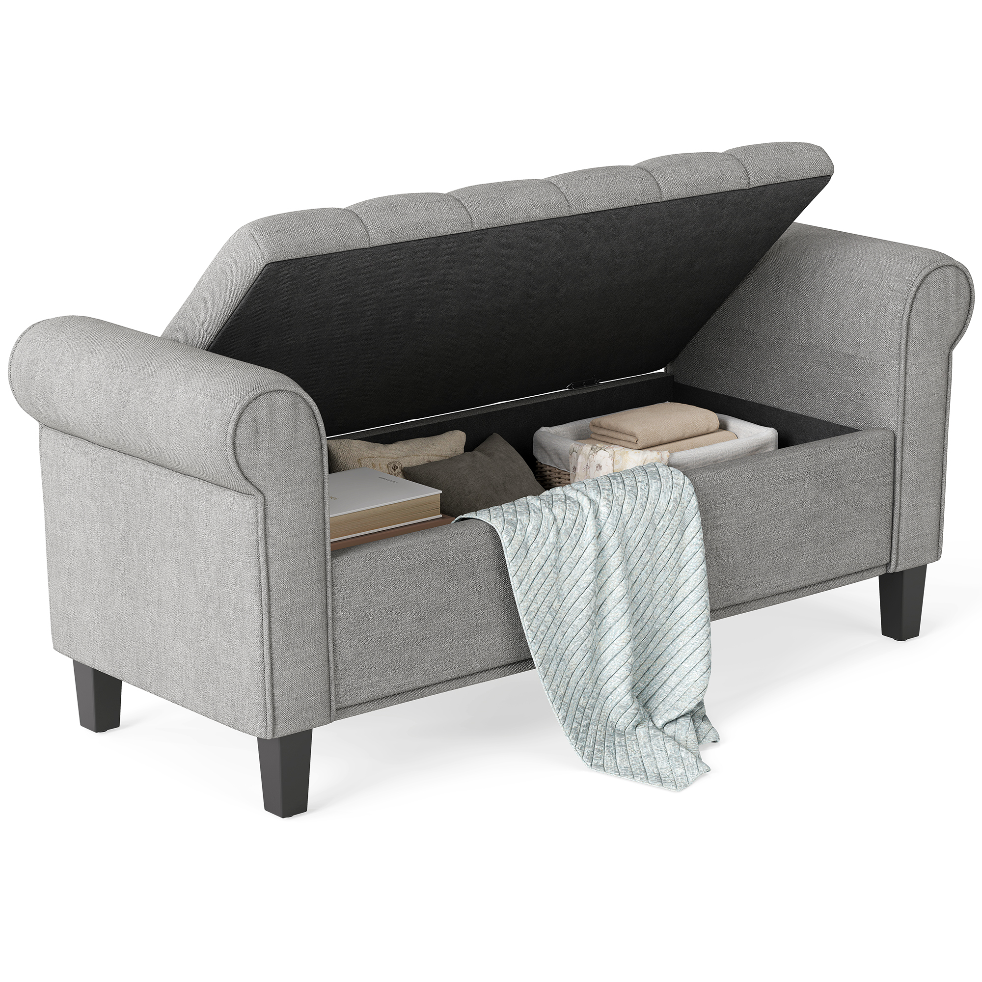 50 Inches Storage Ottoman, End of Bed Bench with Rolled Arms, Wood Legs, Button Tufted Storage Bench, Gray (Drop Shipping Only, Not for Amazon)