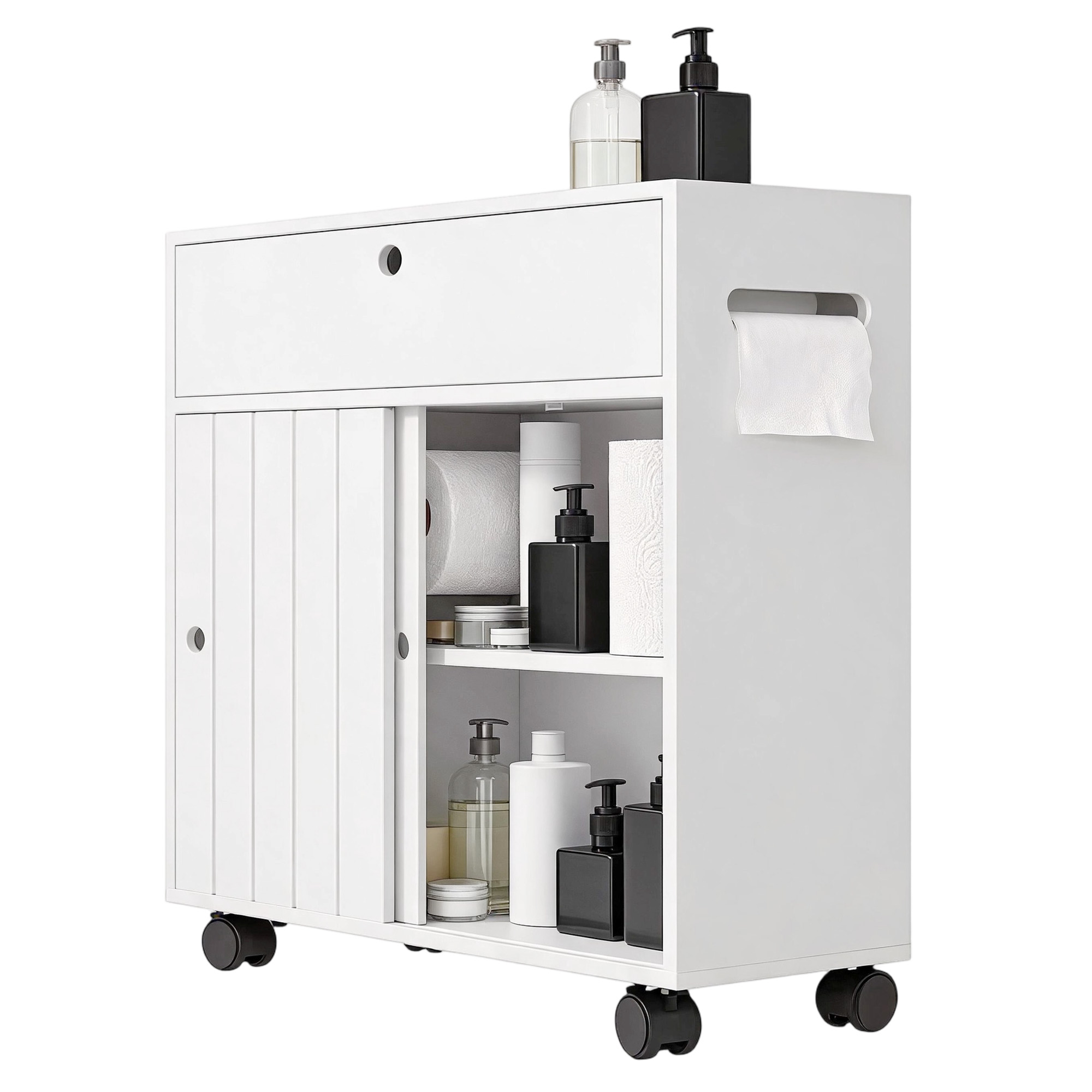 Toilet Paper Cabinet, Slim Bathroom Cabinet with 4 Rolling Wheels, Small Bathroom Storage Cabinet with Paper Holes, Sliding Doors and Adjustable Shelf for Small Space, White (Drop Shipping Only, Not for Amazon)