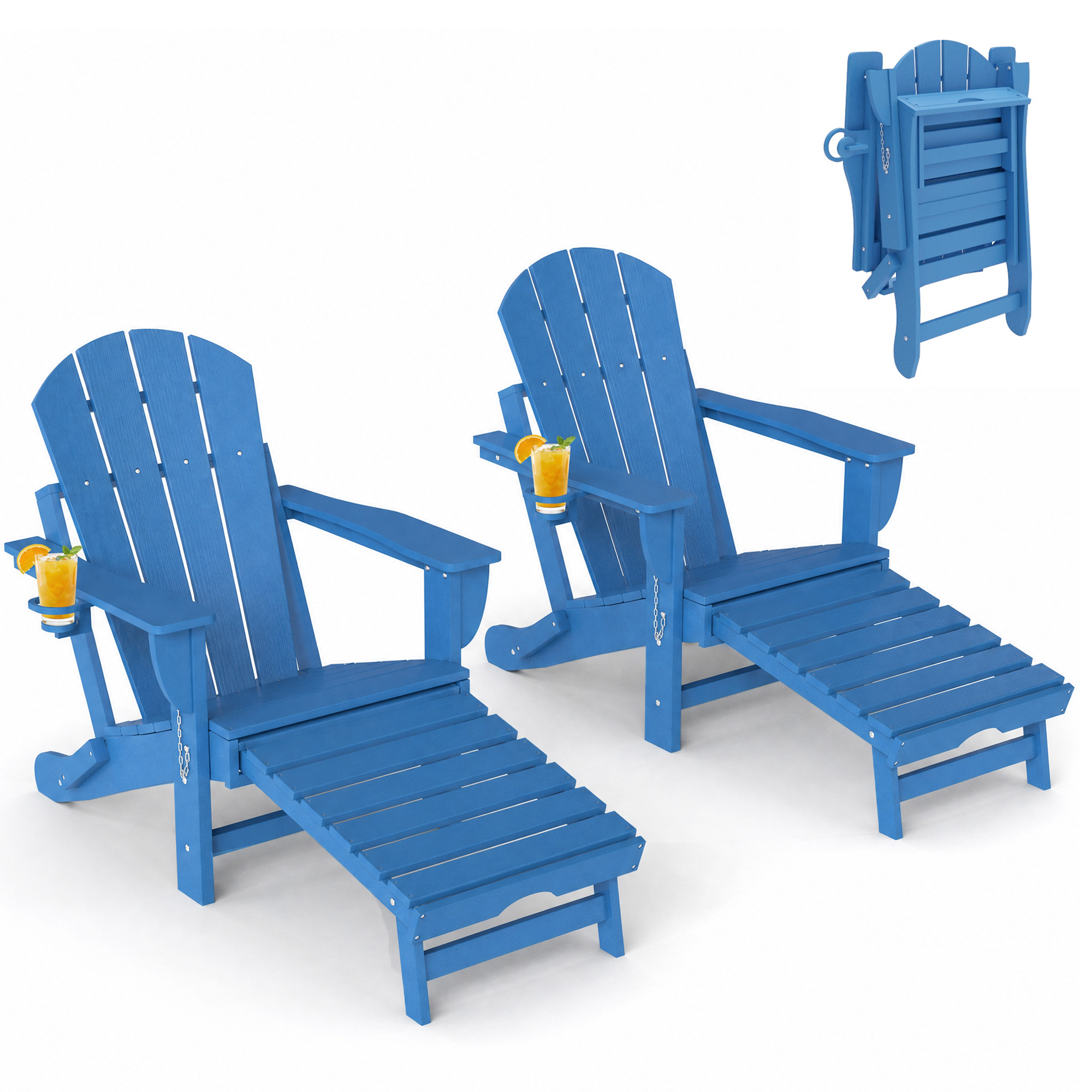 Folding Adirondack Chair Set of 2, HDPE Fire Pit Chair with Retractable Ottoman and Cup Holder, Brown (Drop Shipping Only, Not for Amazon)