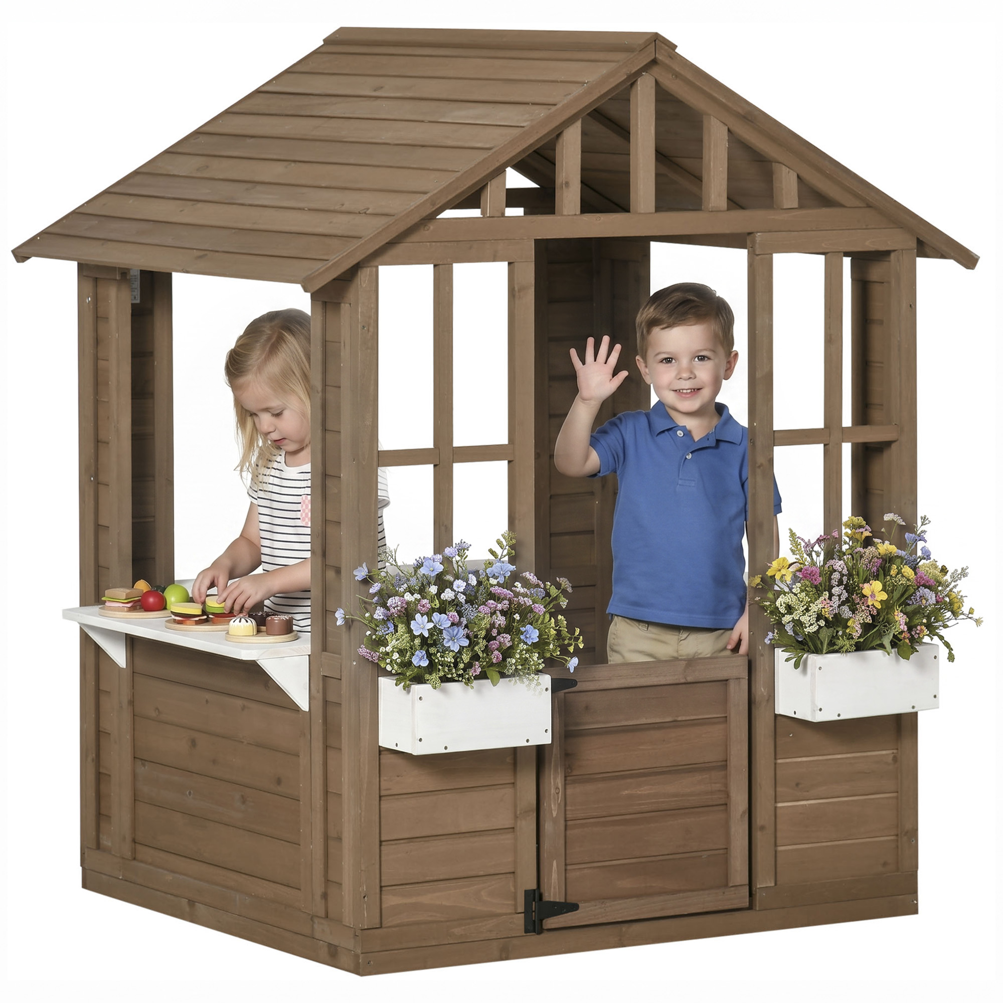 Kids Wooden Playhouse, Outdoor Garden Games Cottage with Flowers Pot Holder, Working Door, Windows, White (Drop Shipping Only, Not for Amazon)