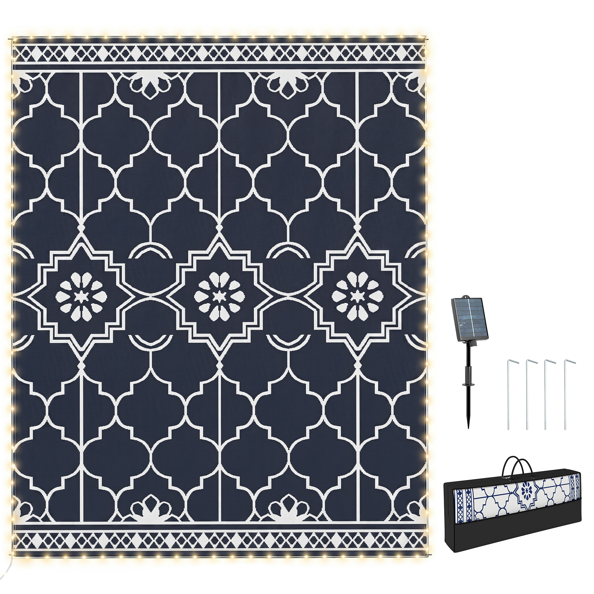 Reversible Outdoor Rug Carpet with LED Lights, 10' x 8' PP Straw Rug with Carry Bag and Ground Stakes (Drop Shipping Only, Not for Amazon)