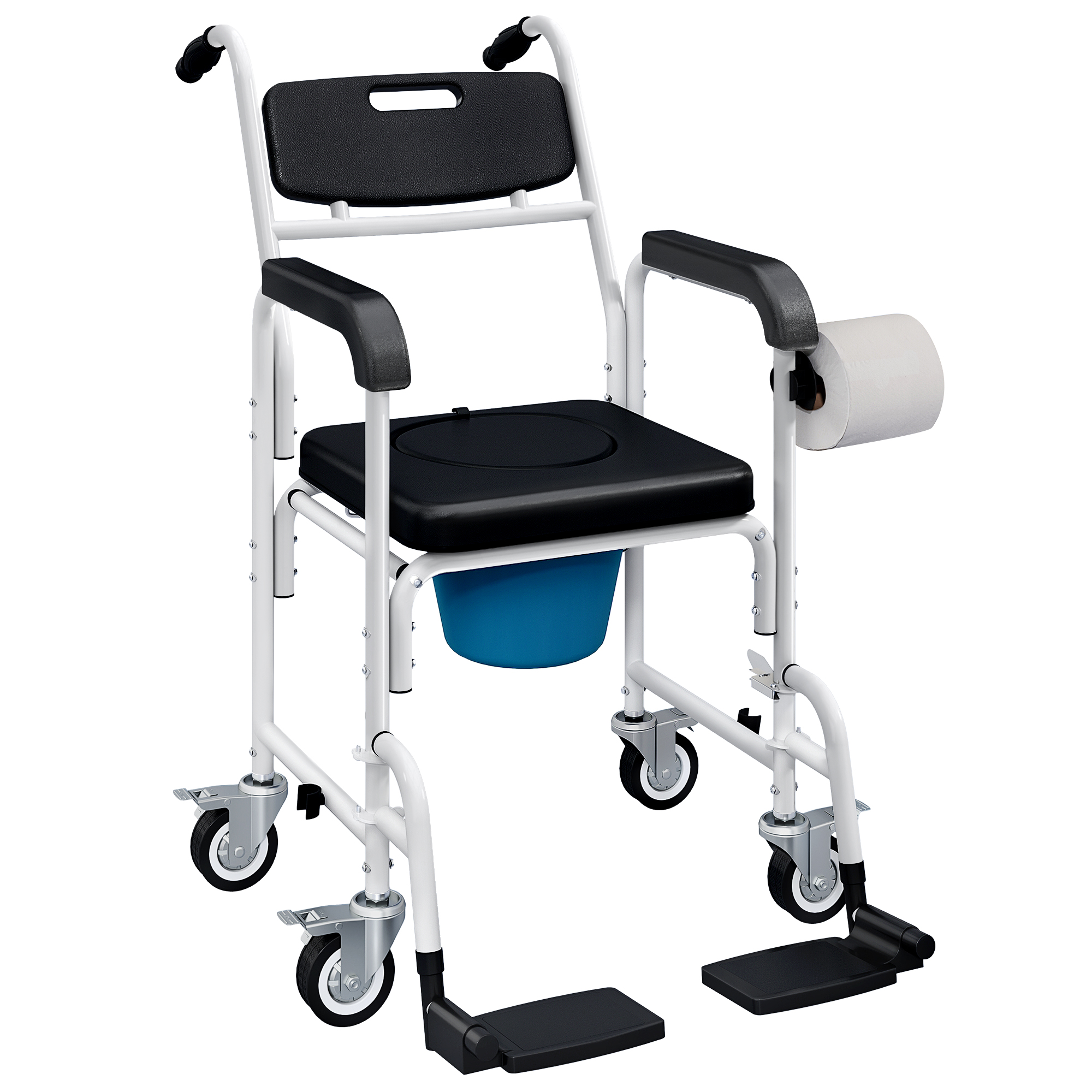 Rolling Shower Wheelchair for Seniors, Bedside Commode Chair with Locking Wheels, Seat, Backrest, Arms, Black (Drop Shipping Only, Not for Amazon)