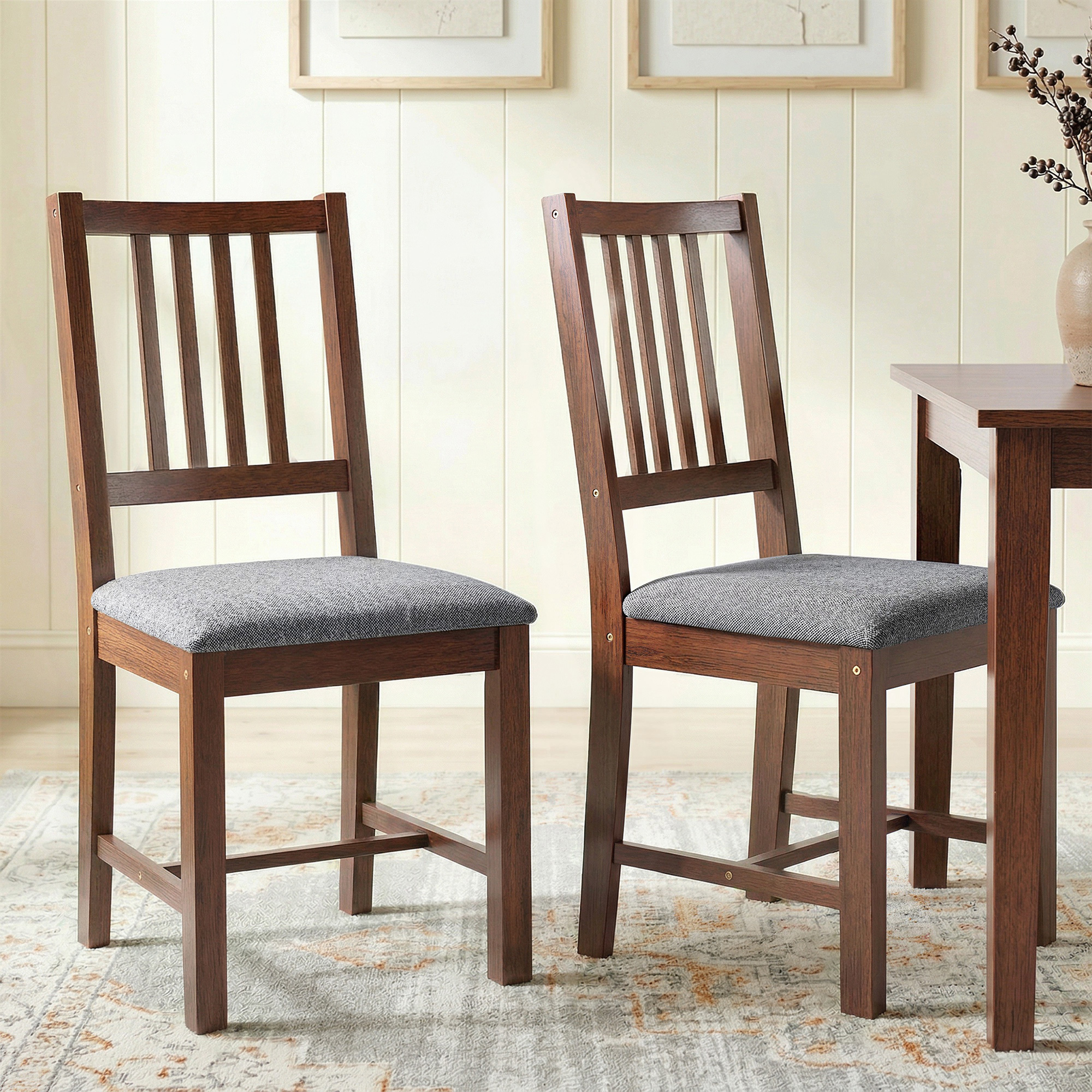 Set of 2 Dining Chairs, Upholstered Slat Back Dining Room Chairs with Rubberwood Legs and Padded Seat, Walnut (Drop Shipping Only, Not for Amazon)