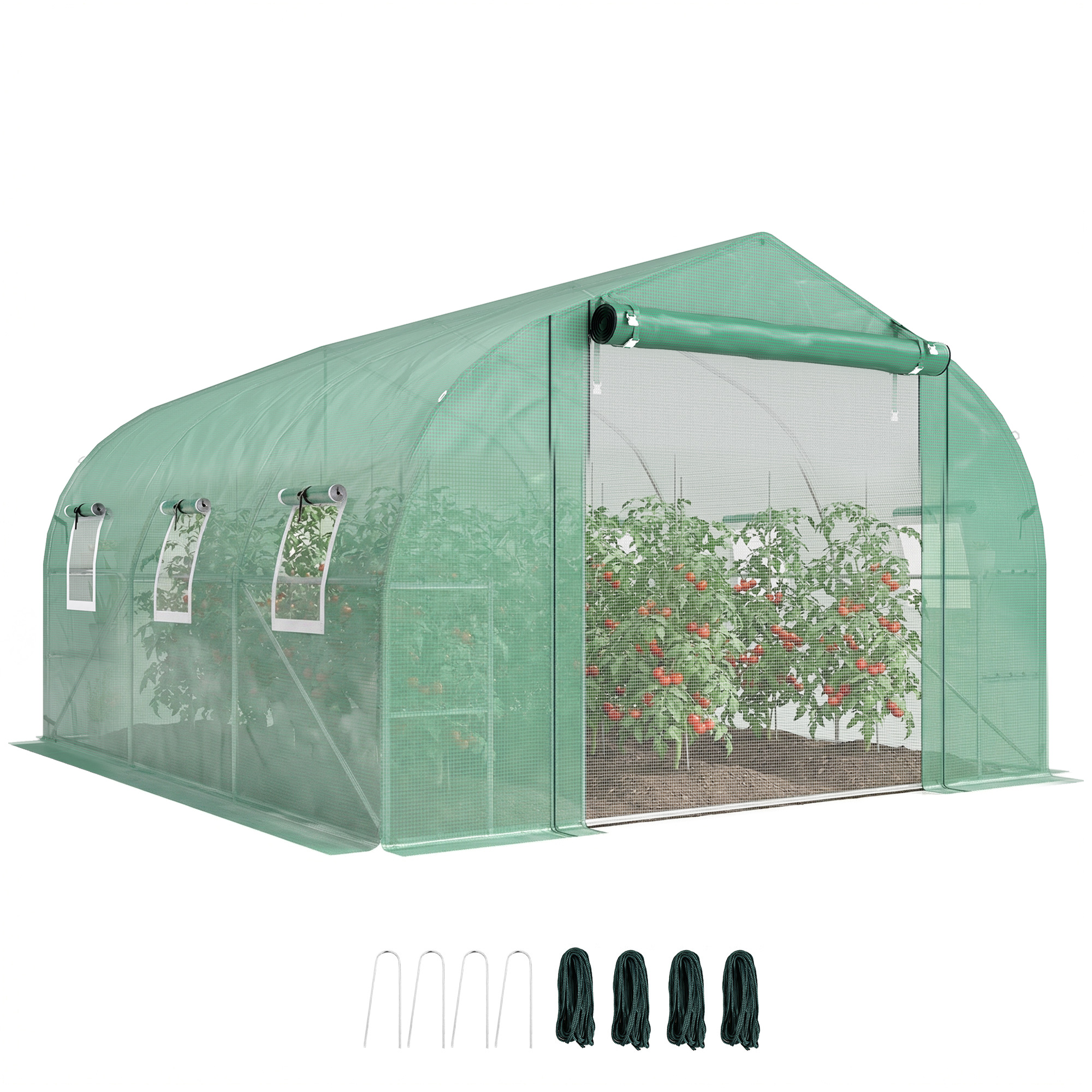 10'x11'x6' Walk-in Tunnel Greenhouse with Shelves, Mesh Door and Windows, Plant Hot House with PE Cover, Green (Drop Shipping Only, Not for Amazon)