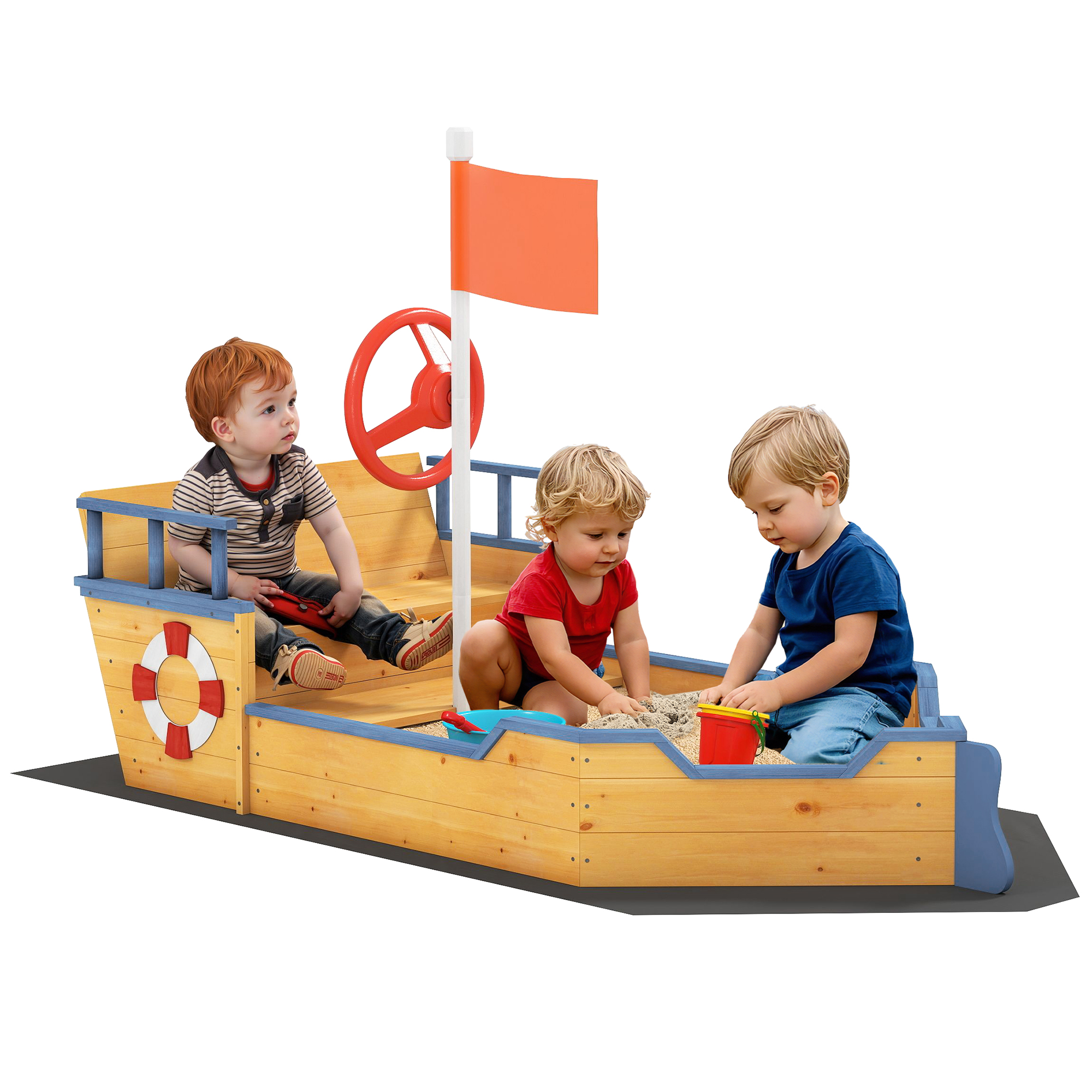 Kids Sand Pit, Children Pirate Ship Sandbox with Bench, Bottom Liner, Seat, Natural Wood Tone (Drop Shipping Only, Not for Amazon)