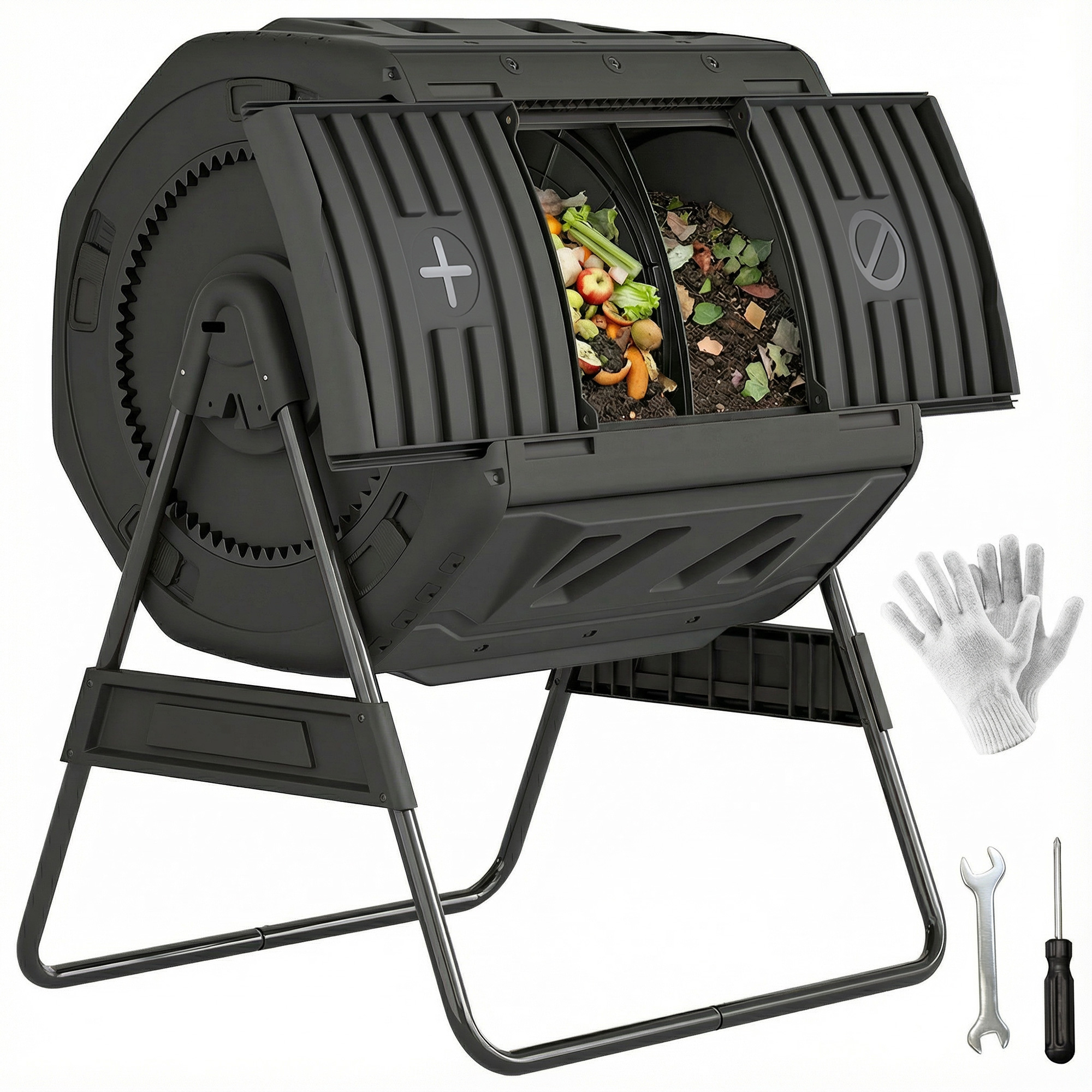 Compost Bin Outdoor, 53 Gal Dual Chamber Tumbling Composter with Adjustable Vents, BPA Free Tumbling Composter, Black (Drop Shipping Only, Not for Amazon)
