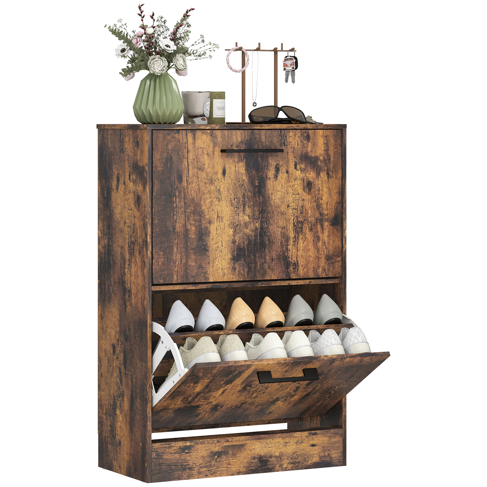 Shoe Cabinet 2 Flip Drawers Narrow Shoe Storage Unit Adjustable Dividers Entryway Hallway Rustic Brown (Drop Shipping Only, Not for Amazon)