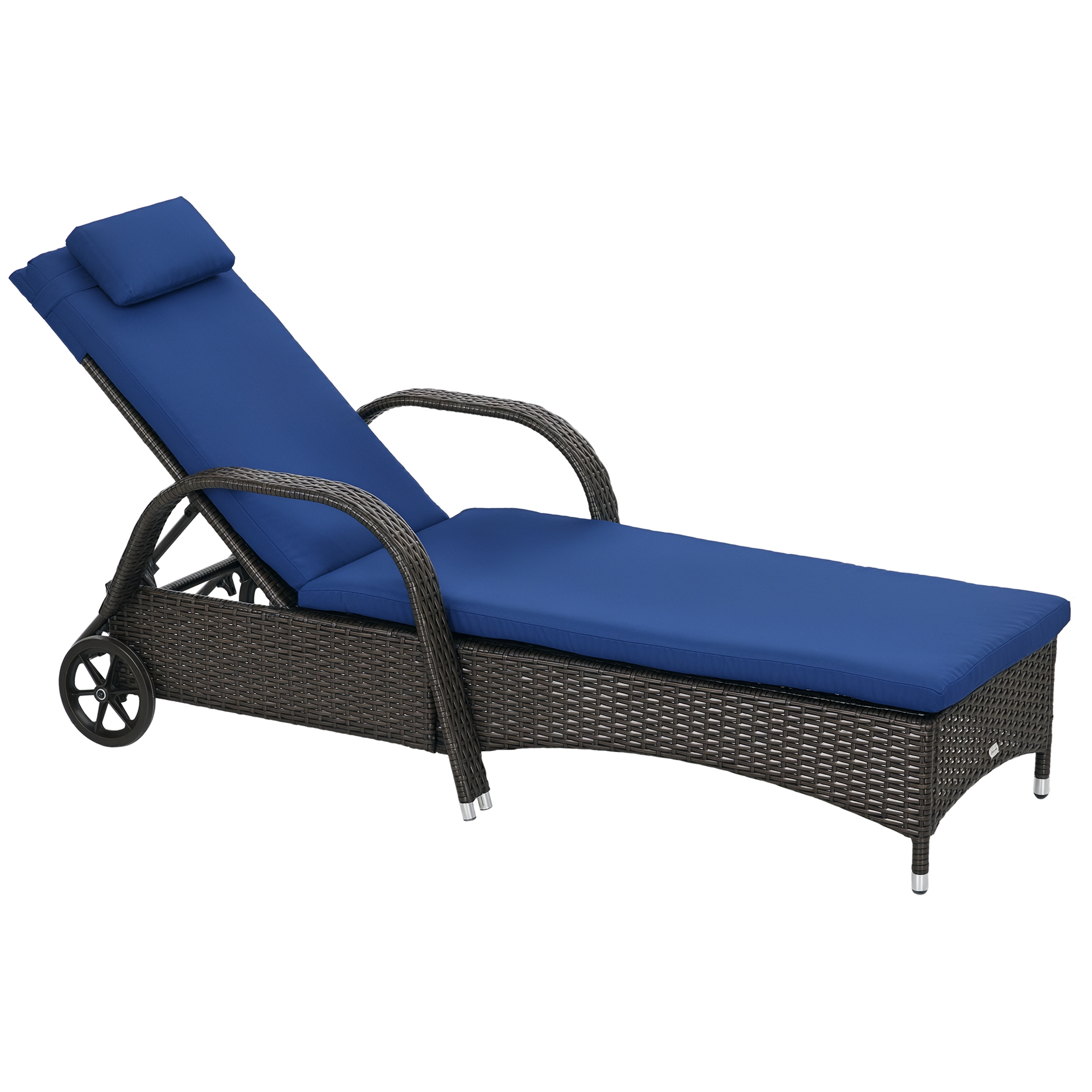 Reclining Chaise Lounge Chair, Rolling Outdoor Chair with Cushion, Pillow, Headrest, Armrests, and Wheels, Brown (Drop Shipping Only, Not for Amazon)