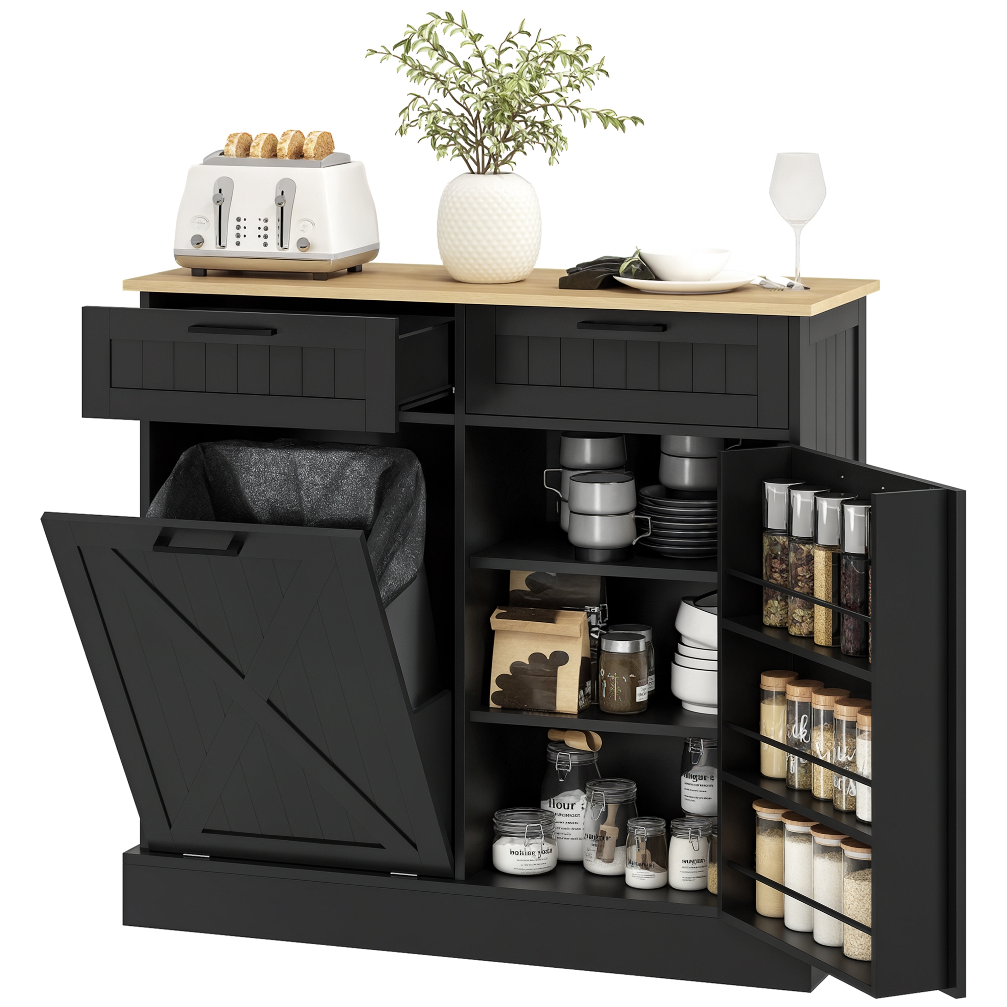 10 Gallon Farmhouse Kitchen Cabinet with Hidden Trash Can and 2 Drawers, Tilt Out Trash Can Cabinet for Kitchen, Gray (Drop Shipping Only, Not for Amazon)