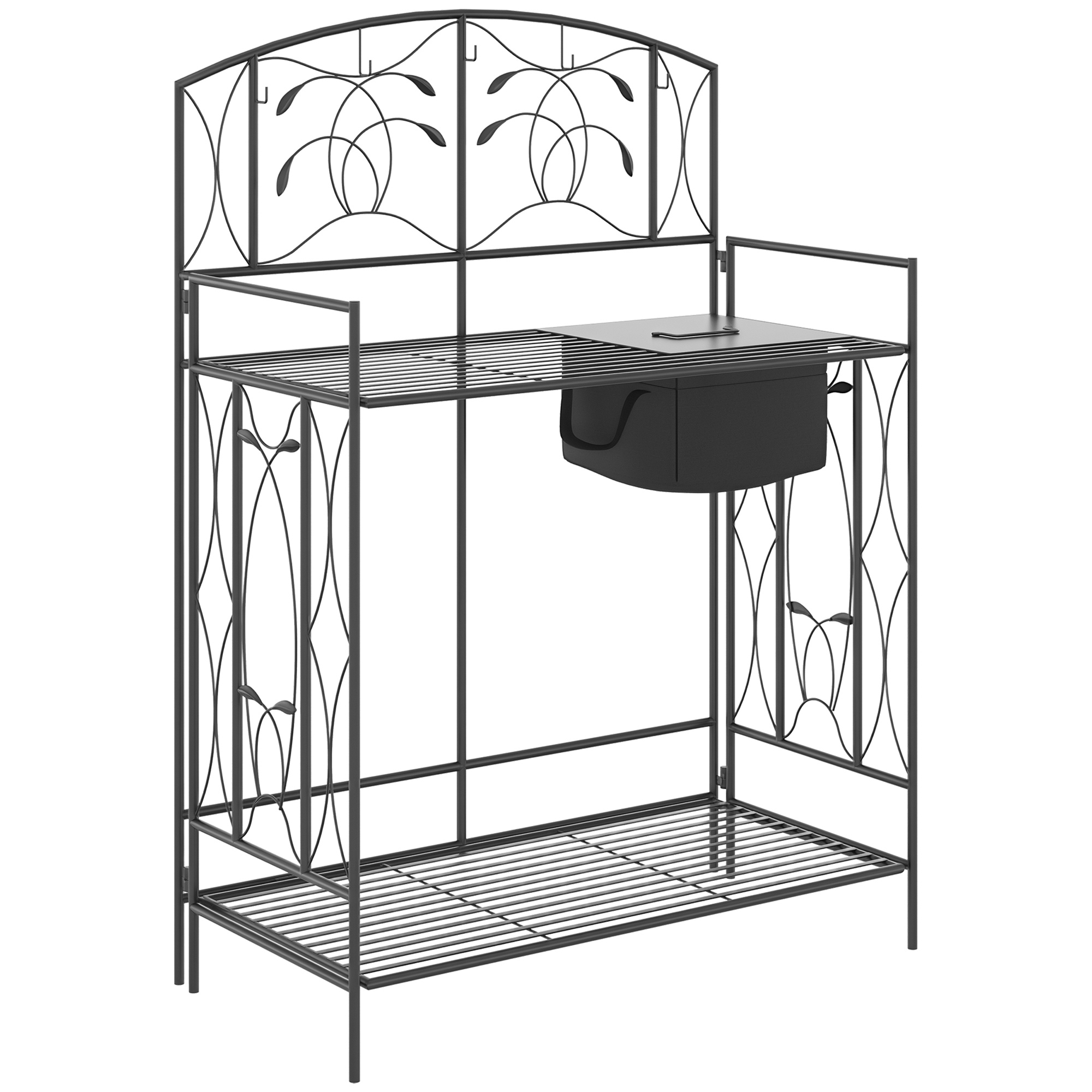 Folding Potting Bench Table, Metal Garden Workstation, Work Bench with Large Built-in Bag with Cover, 5 Hanging Hooks & Storage Shelf, Leaf Pattern (Drop Shipping Only, Not for Amazon)