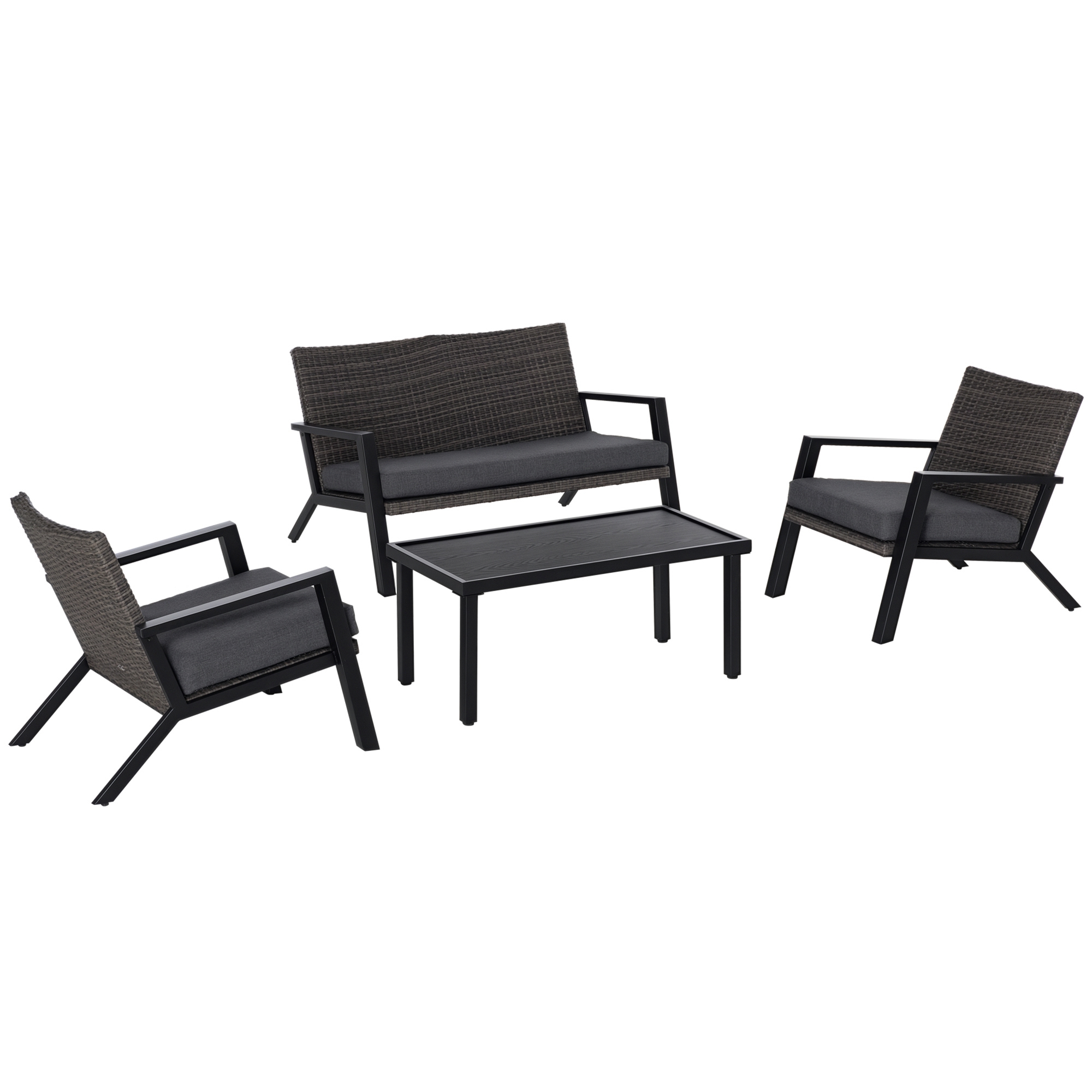 4 Piece Patio Furniture Set, 2 PE Wicker Chairs, Loveseat Sofa, Outdoor Coffee Table, Soft Cushions, Couch & Armchairs for Backyard, Garden, Black (Drop Shipping Only, Not for Amazon)