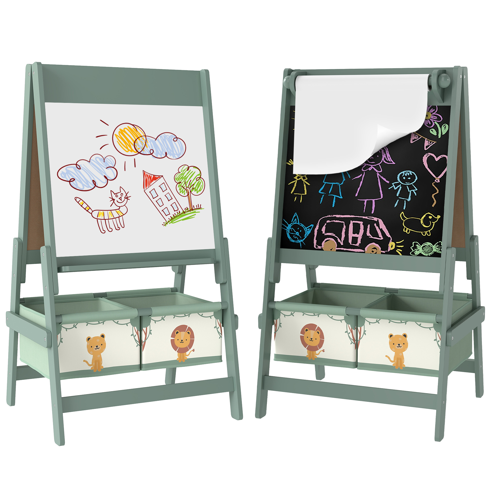 Art Easel for Kids, Double-Sided Whiteboard/Blackboard with Paper Roll, Two Storage Boxes, for Ages 3-8 Years, Green (Drop Shipping Only, Not for Amazon)