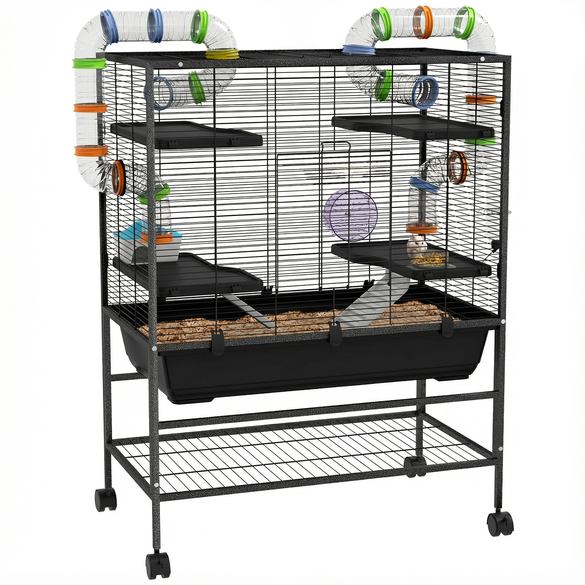 Large Hamster Cage, Gerbil Cage with Tubes, Storage Shelf, Ramps, Platforms, Running Wheel - Black (Drop Shipping Only, Not for Amazon)