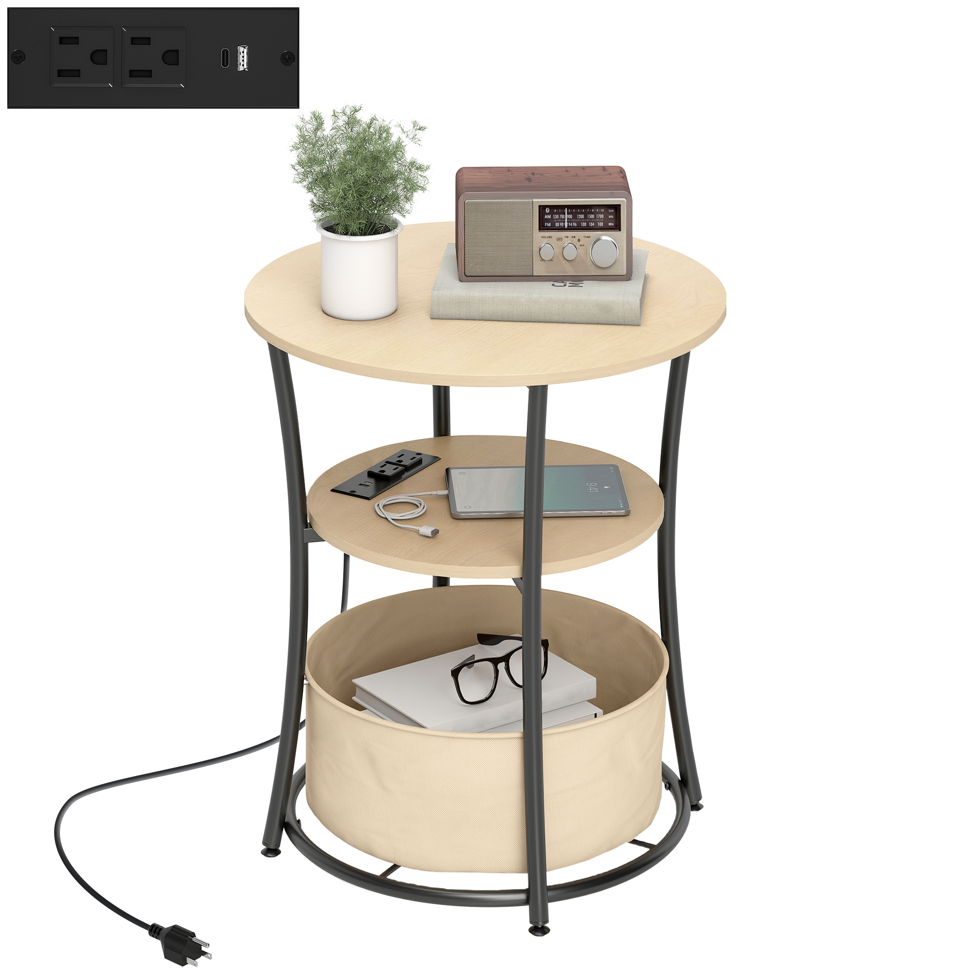 Round Side Table with Charging Station, 3-Tier End Table with Fabric Storage Bag and Shelf, Natural Wood (Drop Shipping Only, Not for Amazon)