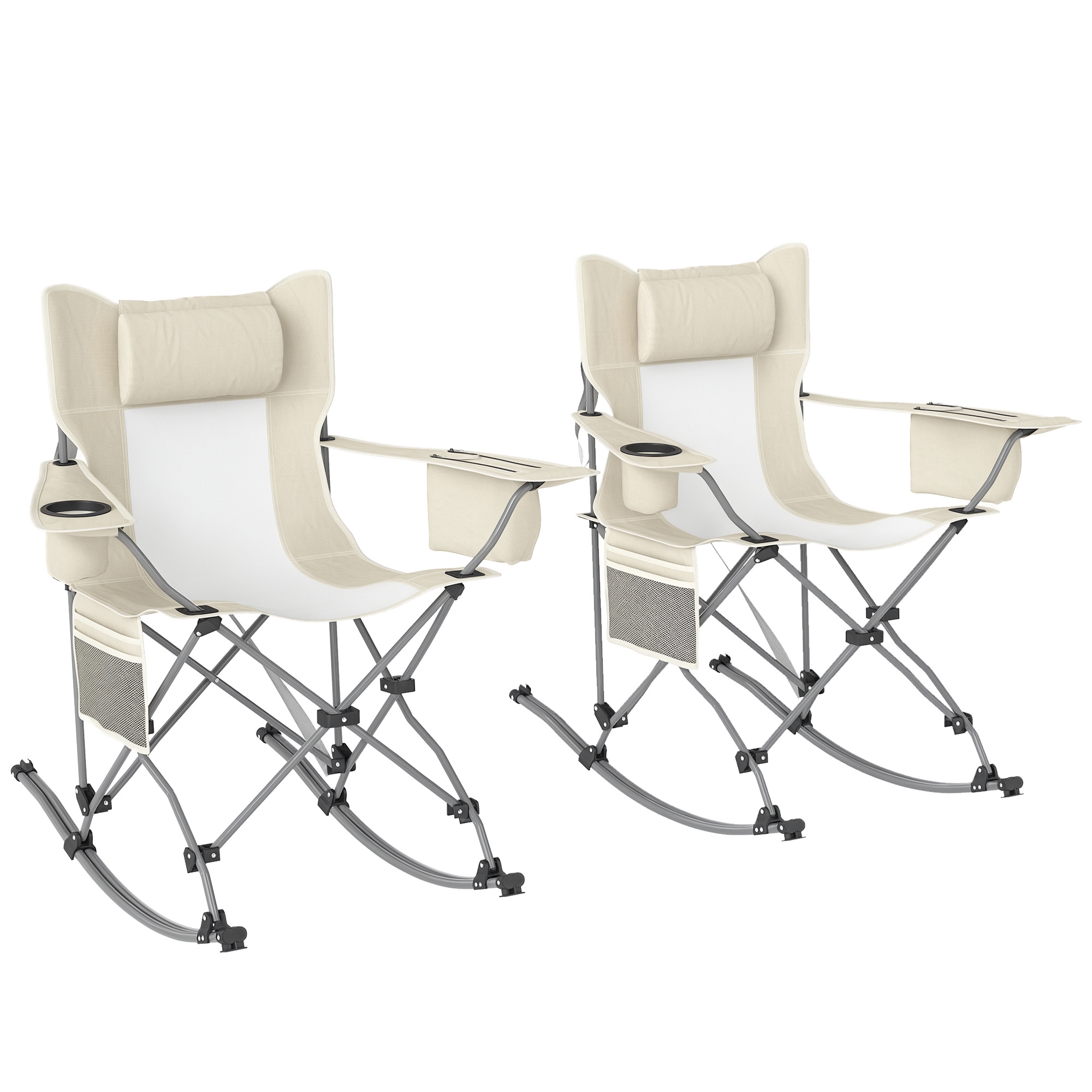 Folding Rocking Camping Chairs, Portable Chairs with Headrest, Cooler Bag, Cup Holder, Carry Bag, 2 Pack, Cream (Drop Shipping Only, Not for Amazon)