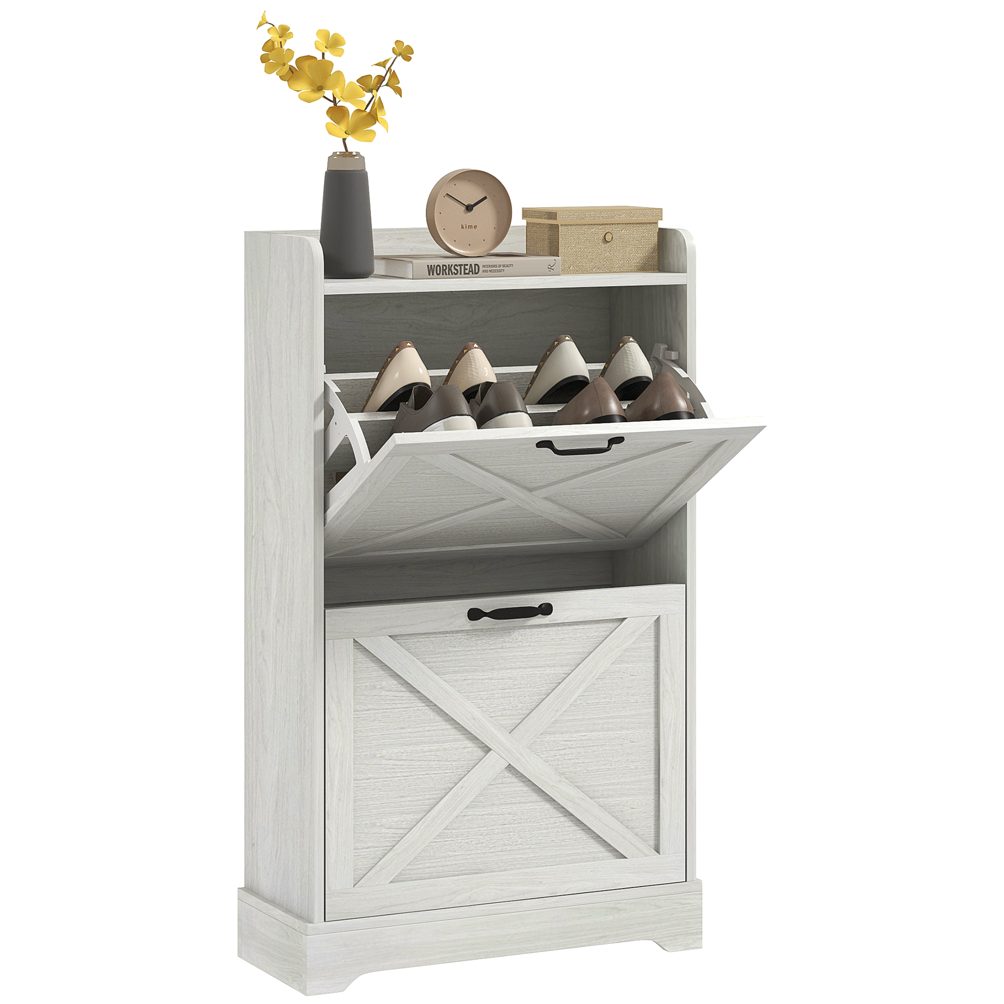 Slim Shoe Storage Cabinet, Farmhouse Shoe Cabinet with 2 Flip Drawers, Adjustable Shelves for 8 Pairs, Distressed White (Drop Shipping Only, Not for Amazon)
