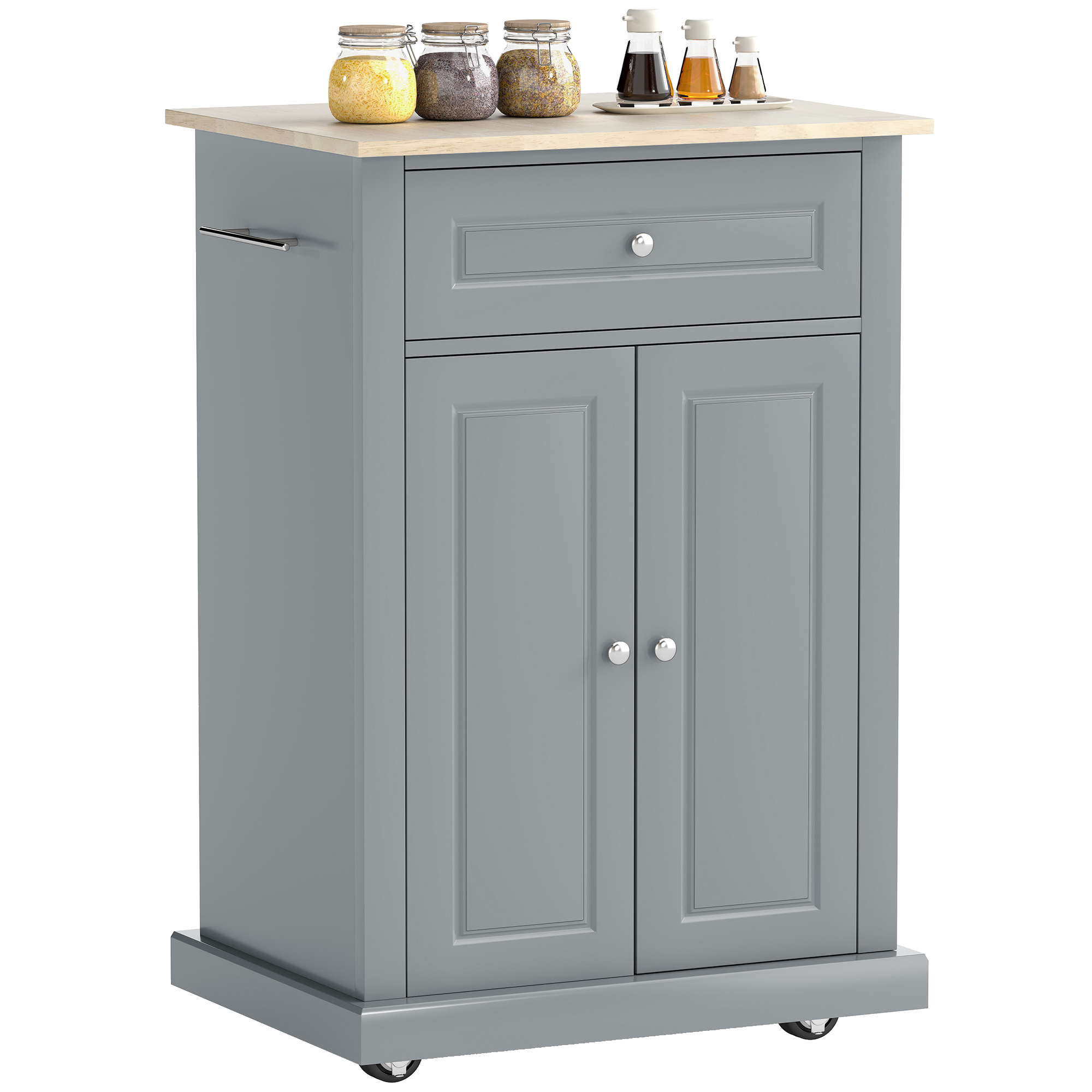 Rolling Kitchen Island Cart, Portable Serving Trolley Table with Drawer, Adjustable Shelf and 2 Towel Racks, Grey (Drop Shipping Only, Not for Amazon)