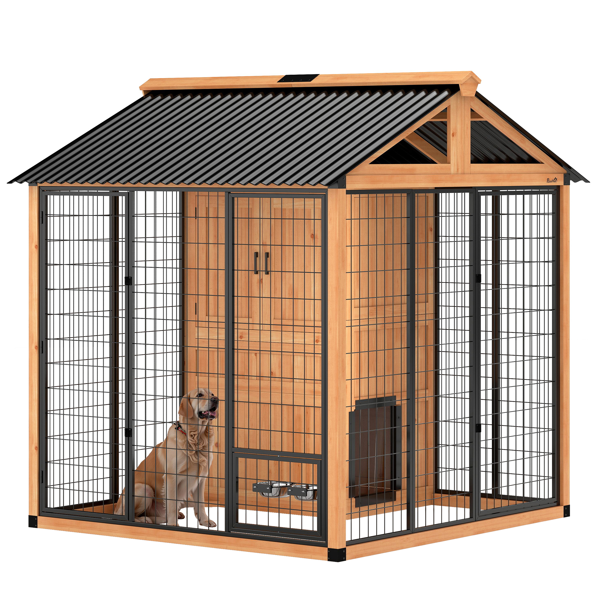 7' x 6' Extra Large Dog House, Wood Outdoor Dog Kennel with Storage Cabinet, Stainless Steel Bowls, Light Yellow (Drop Shipping Only, Not for Amazon)