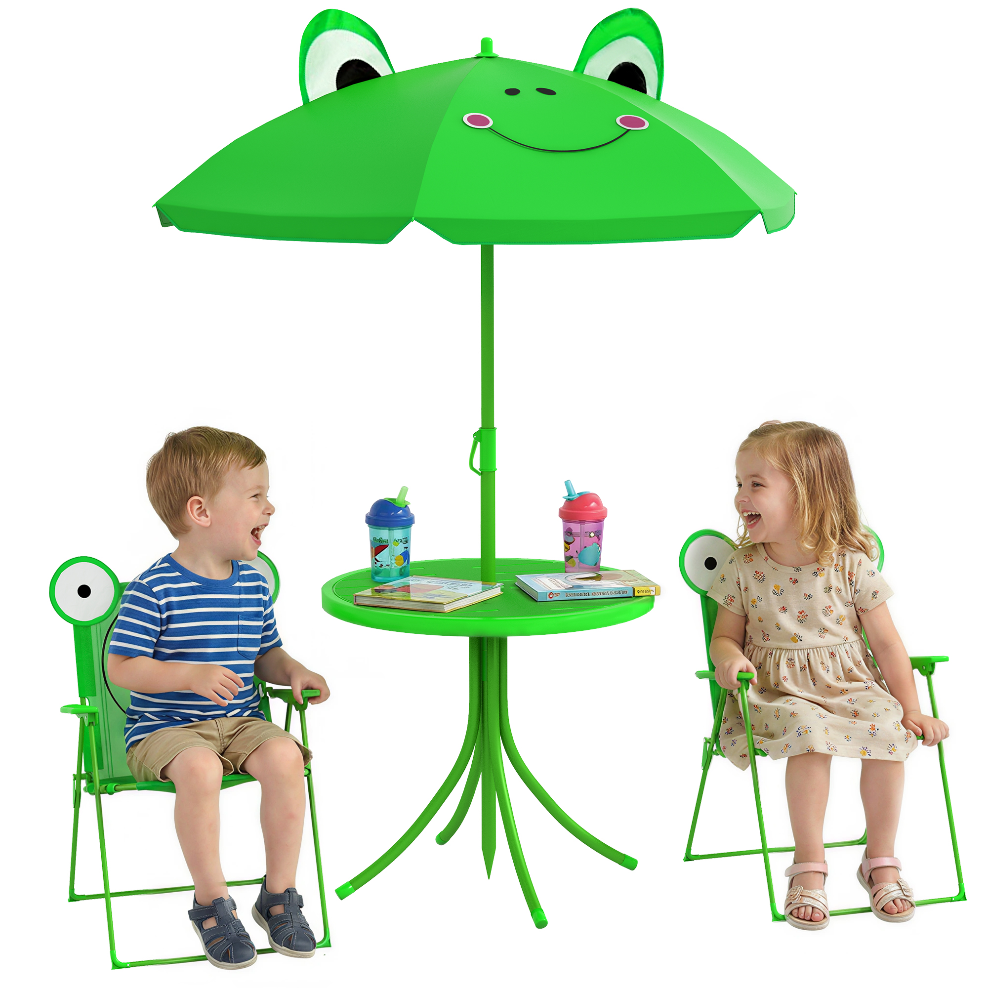 Kids Folding Picnic Table Chair Set w/ Parasol, Green (Drop Shipping Only, Not for Amazon)
