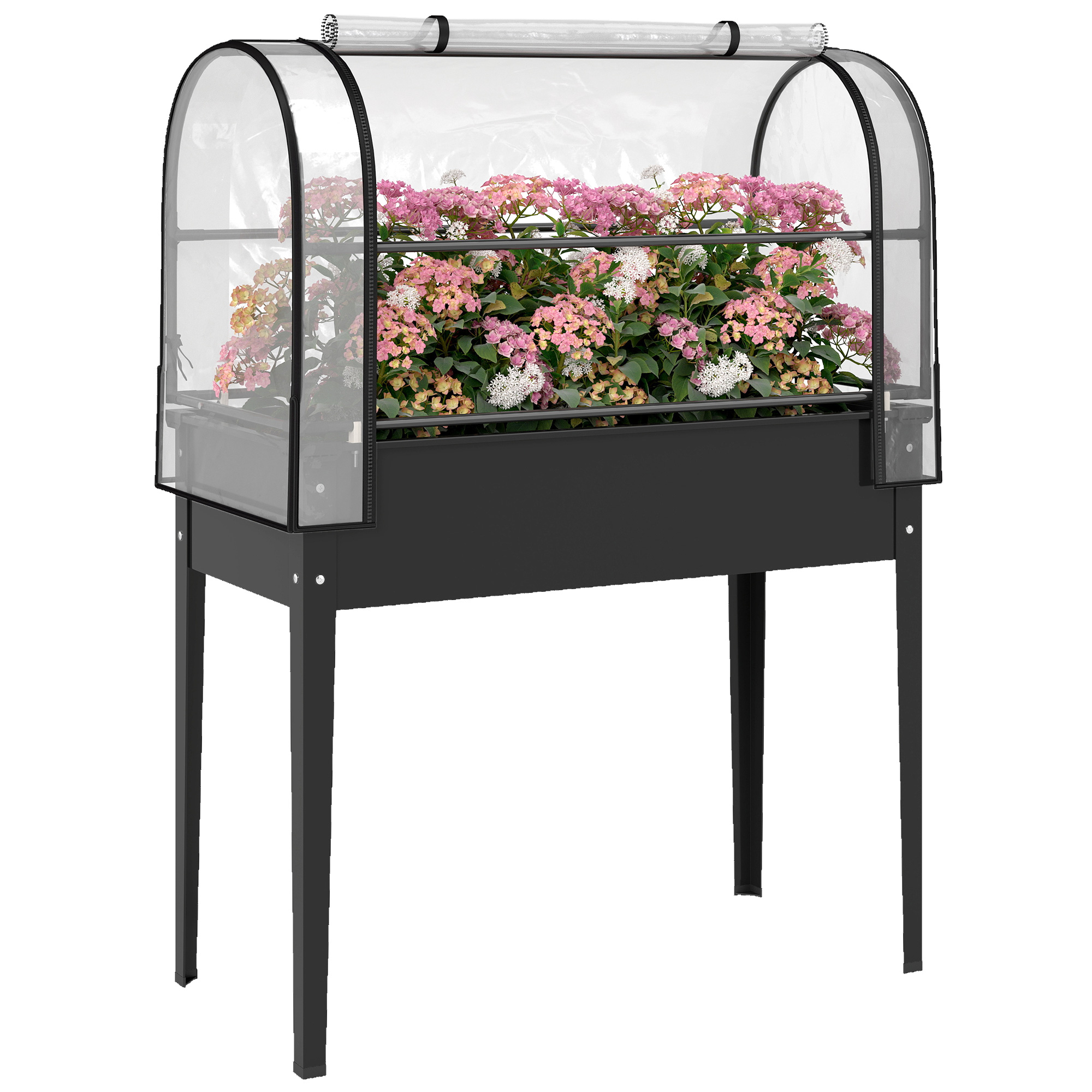 Raised Planter with Flip-Up Greenhouse Cover, Metal Raised Garden Bed on Legs with Drainage Hole, Black (Drop Shipping Only, Not for Amazon)