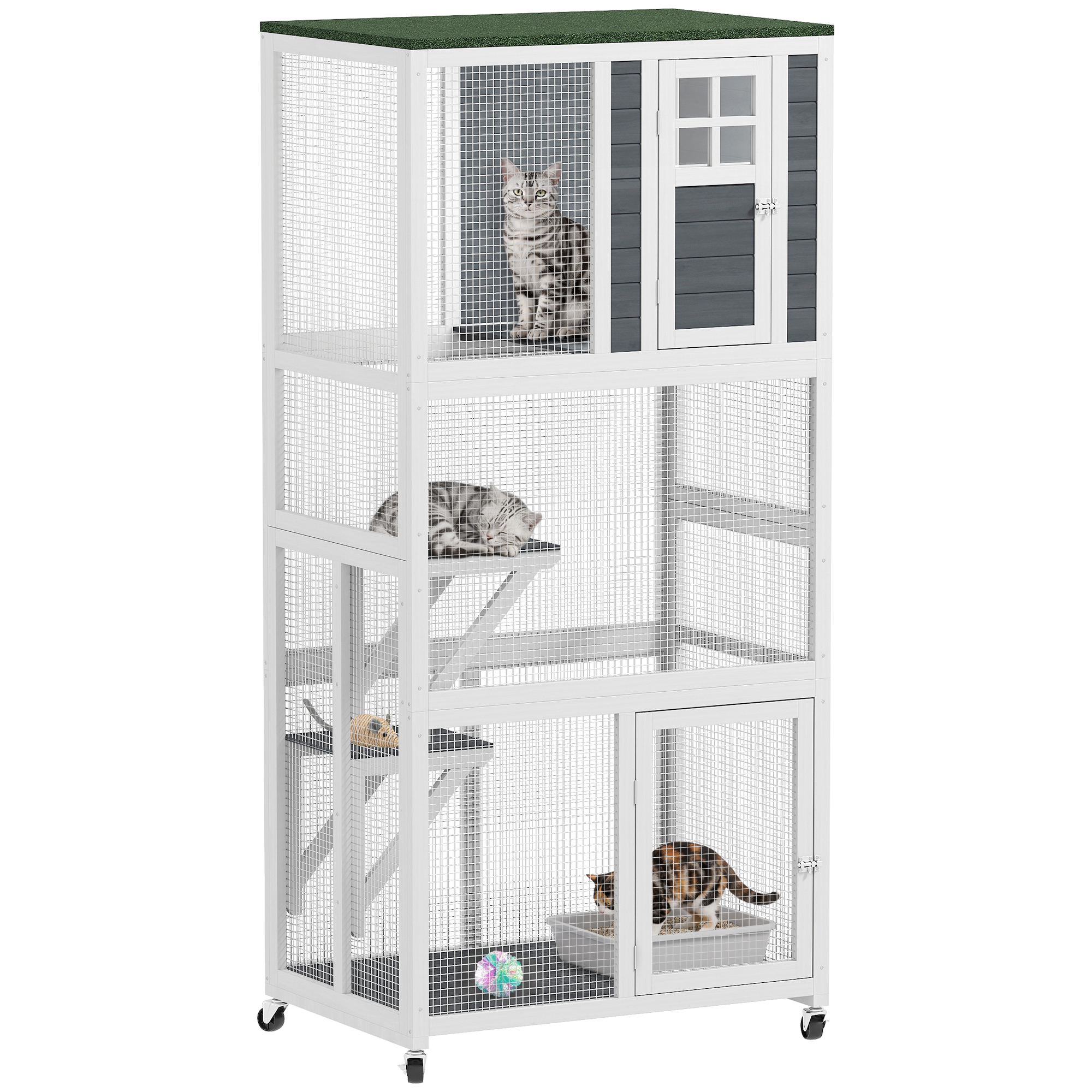 Wooden Catio Cat Outdoor Enclosure, Cat Cage with Waterproof Roof, Platforms, for Multiple Cats, White (Drop Shipping Only, Not for Amazon)