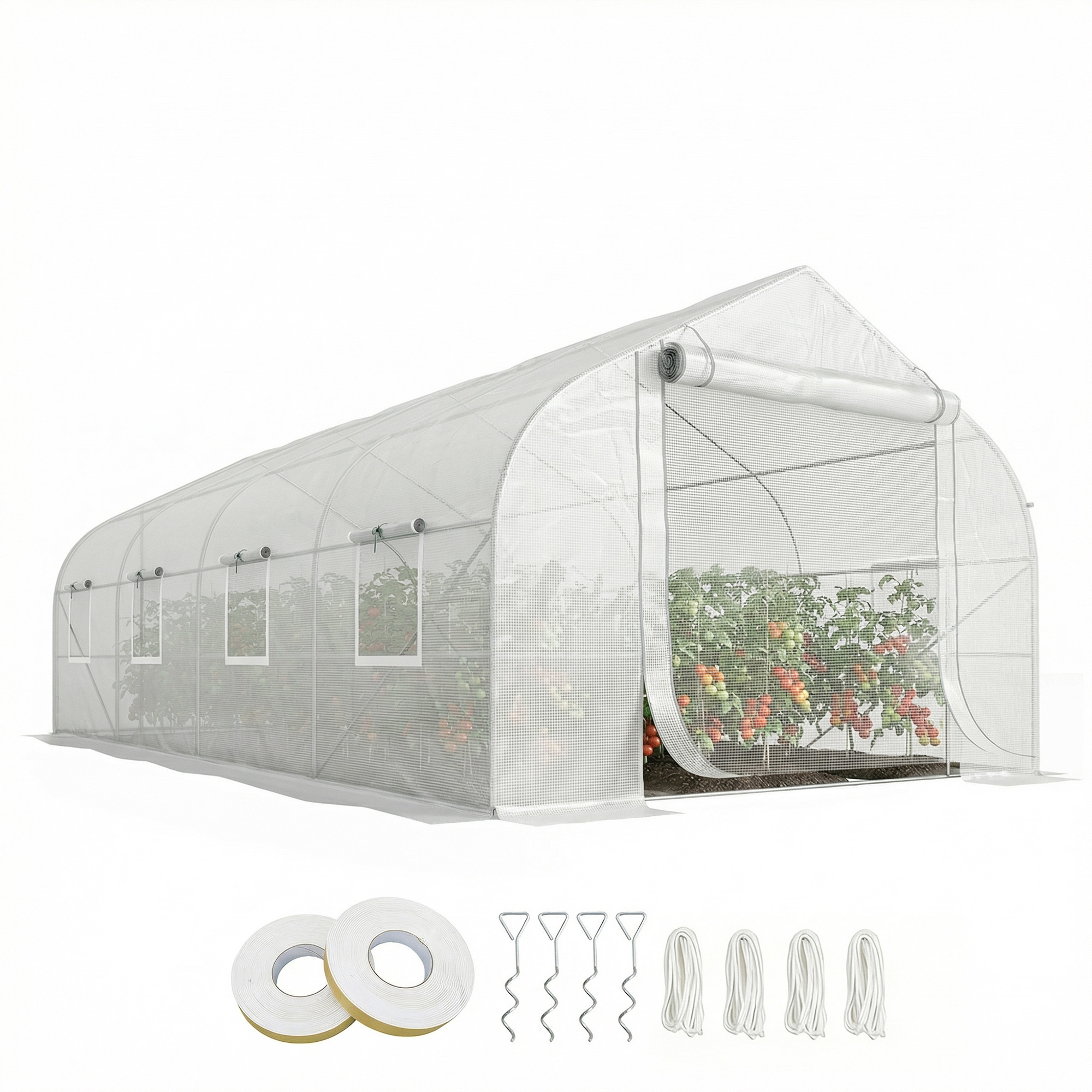 20' x 10' x 7' Walk-in Tunnel Greenhouse with Zippered Mesh Door & 8 Mesh Windows, Gardening Plant Hot House with Galvanized Steel Hoops, White (Drop Shipping Only, Not for Amazon)