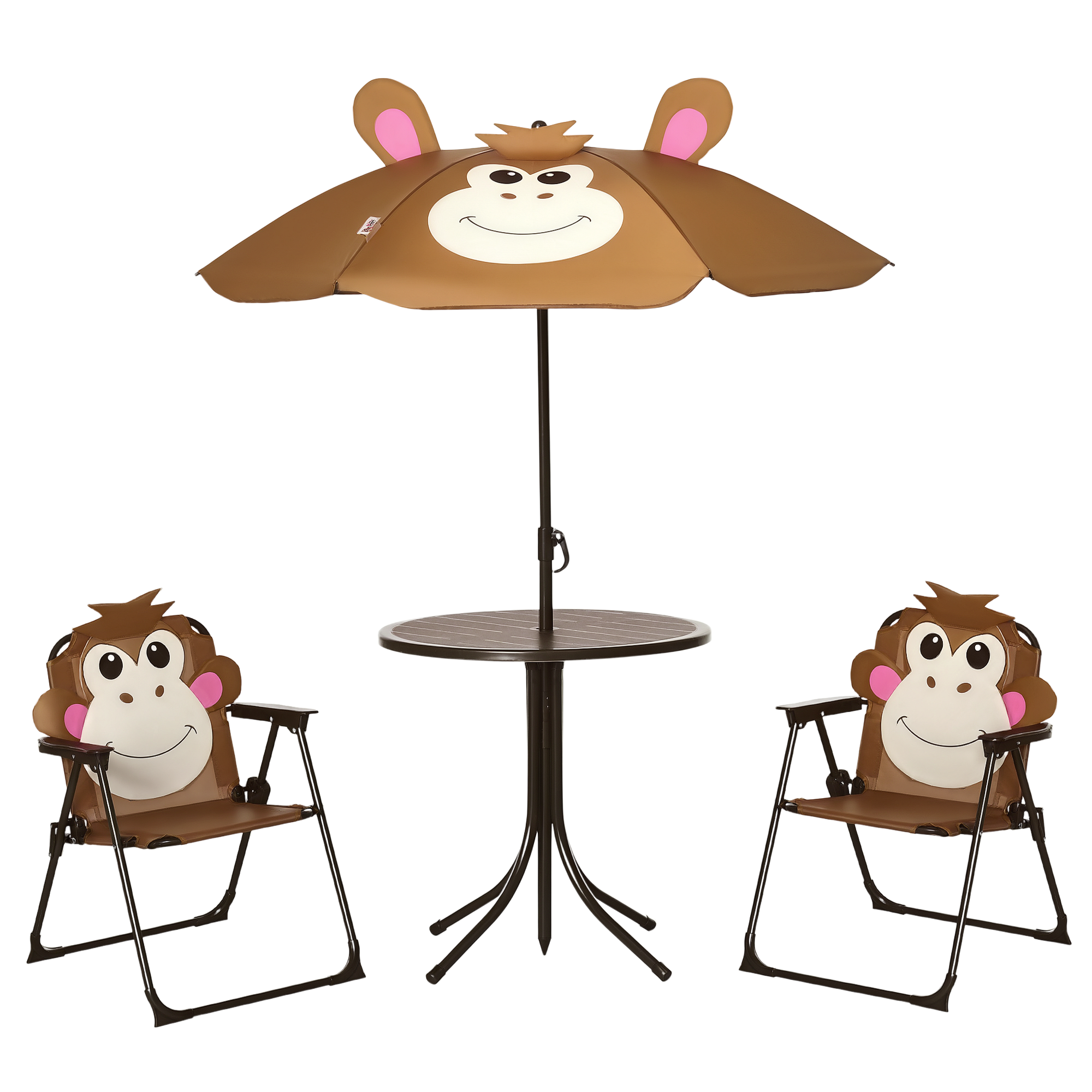 Kids Bistro Table and Chair Set, Outdoor Folding Garden Furniture w/Monkey Design, Removable, Adjustable Sun Umbrella, Ages 3-6 Years - Brown (Drop Shipping Only, Not for Amazon)