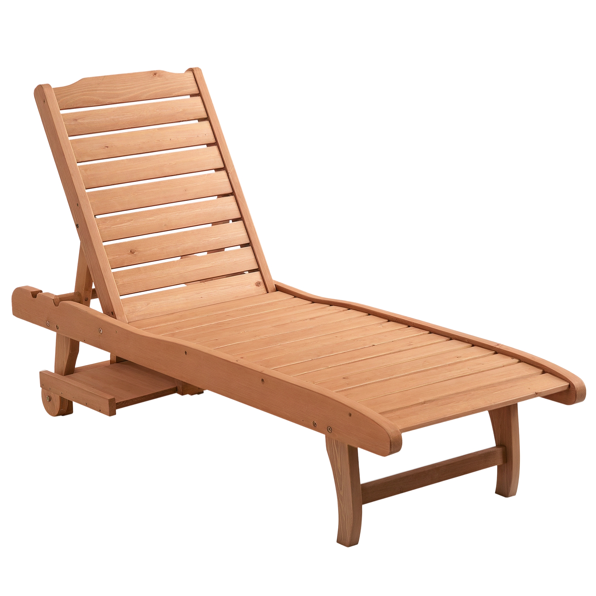Outdoor Wooden Lounger Chair, Sun Bed with Built-In Table, Adjustable Backrest and Wheels, Red Brown (Drop Shipping Only, Not for Amazon)