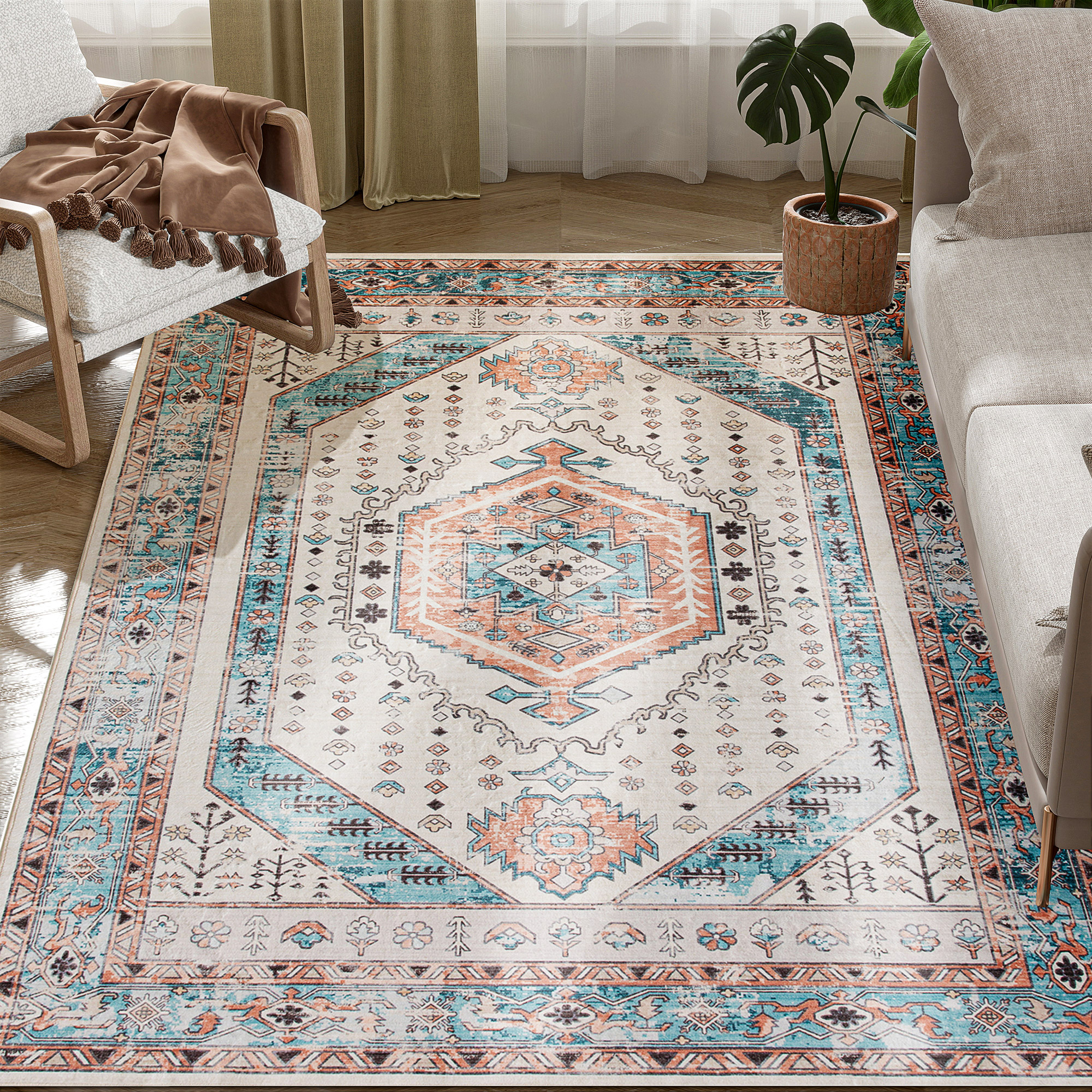 4x6 Area Rug, Vintage Machine Washable Rug, Non-Slip Floor Carpet for Living Room, Bedroom, Dining Room, Brown and Blue (Drop Shipping Only, Not for Amazon)