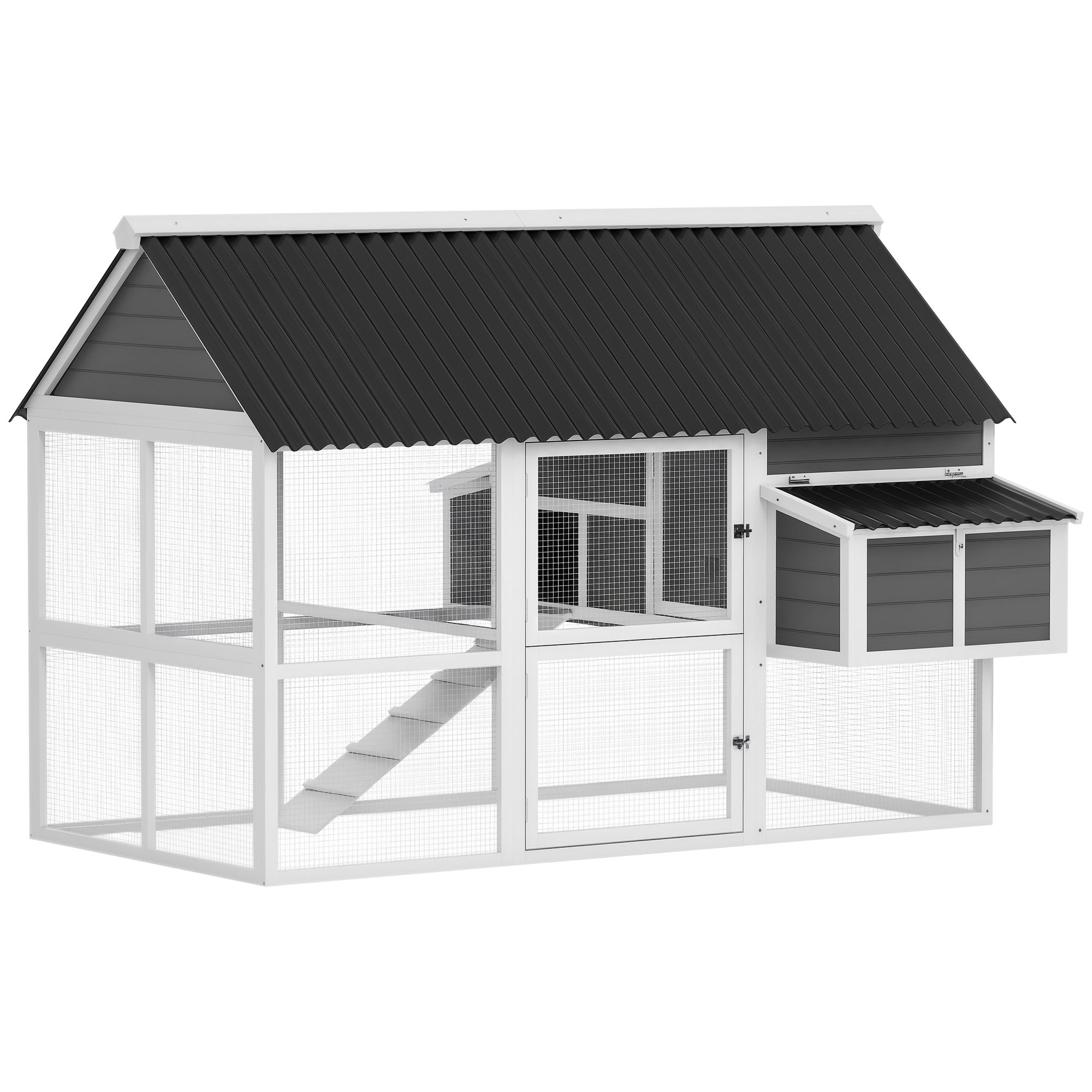 Wooden Chicken Coop with Run, 2 Nesting Boxes, 2 Roosting Bars, Ramp & Tray, Poultry Cage for 4-6 Chickens, Gray (Drop Shipping Only, Not for Amazon)