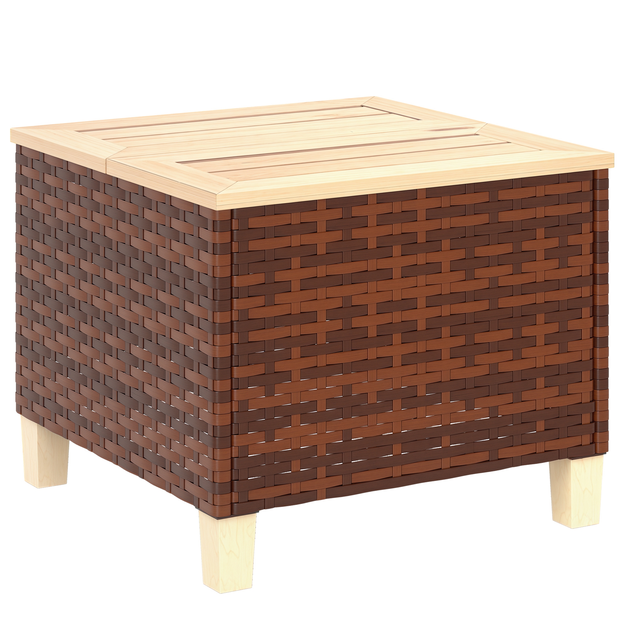 Outdoor Side Table with PE Rattan, Patio End Table with Natural Fir Wood Tabletop and Legs, Weather Resistant Accent Table for Patio Pool Porch, Brown (Drop Shipping Only, Not for Amazon)