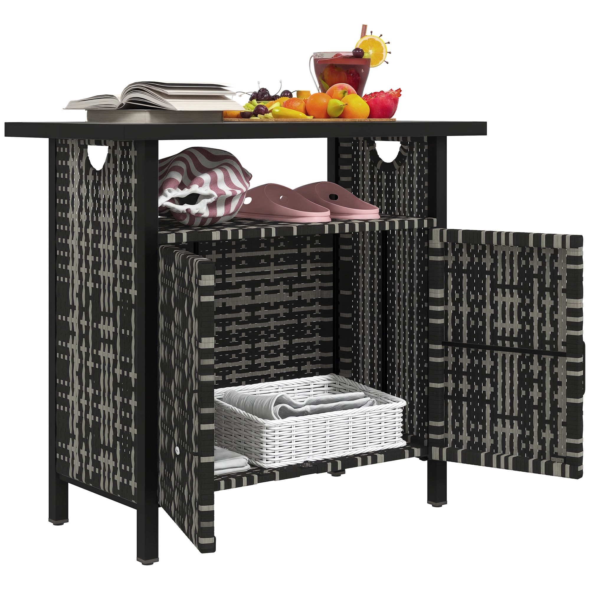 Outdoor Pool Towel Storage Cabinet Organizer, Outdoor Bar Table with Shelf and Cabinet, Pool Towel Holder Pool Valet with Weather-Resistant PE Rattan and Steel Frame, Mixed-Gray (Drop Shipping Only, Not for Amazon)