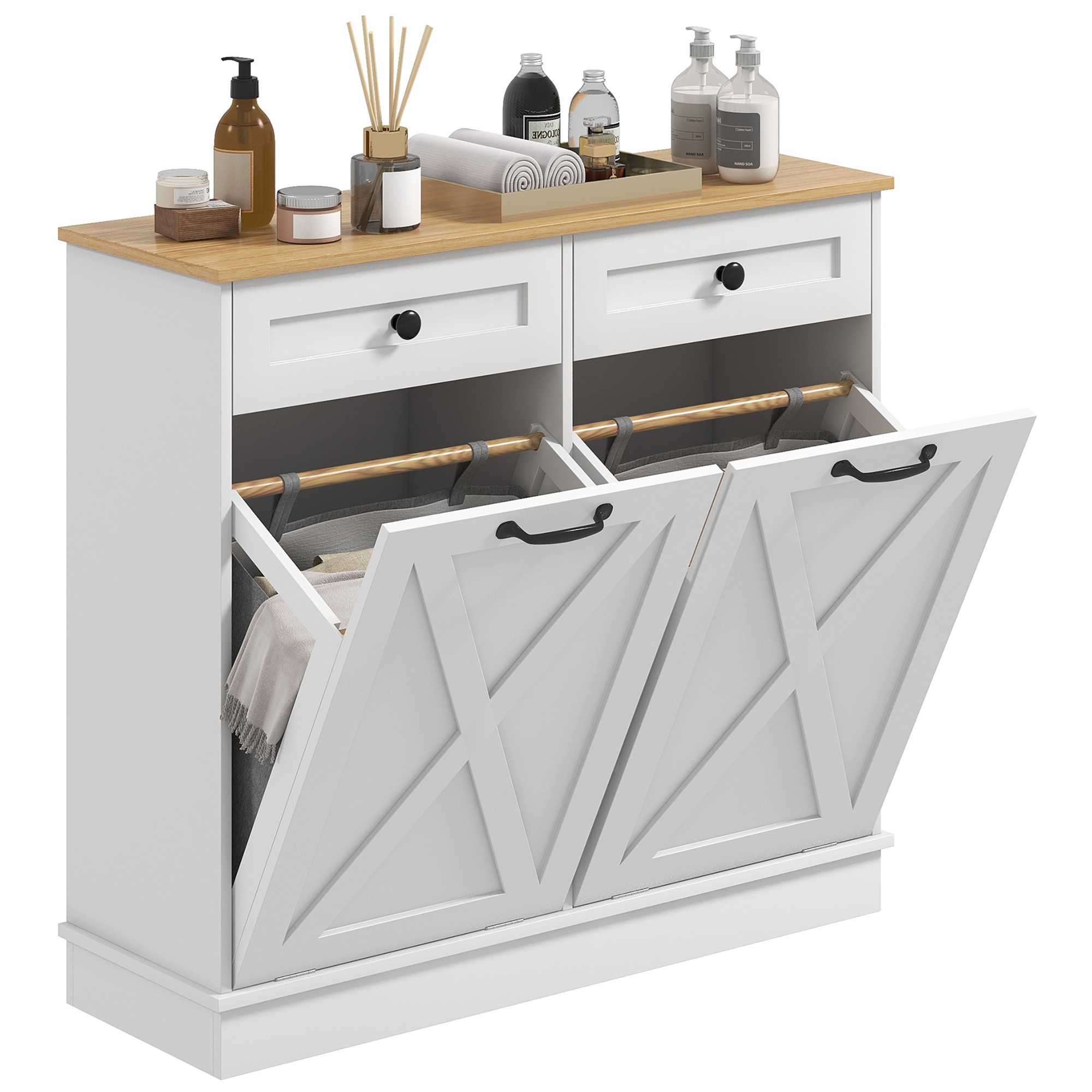 Tilt Out Laundry Hamper Cabinet, Bathroom Storage Cabinet with 2 Removable Baskets and 2 Drawers, White (Drop Shipping Only, Not for Amazon)